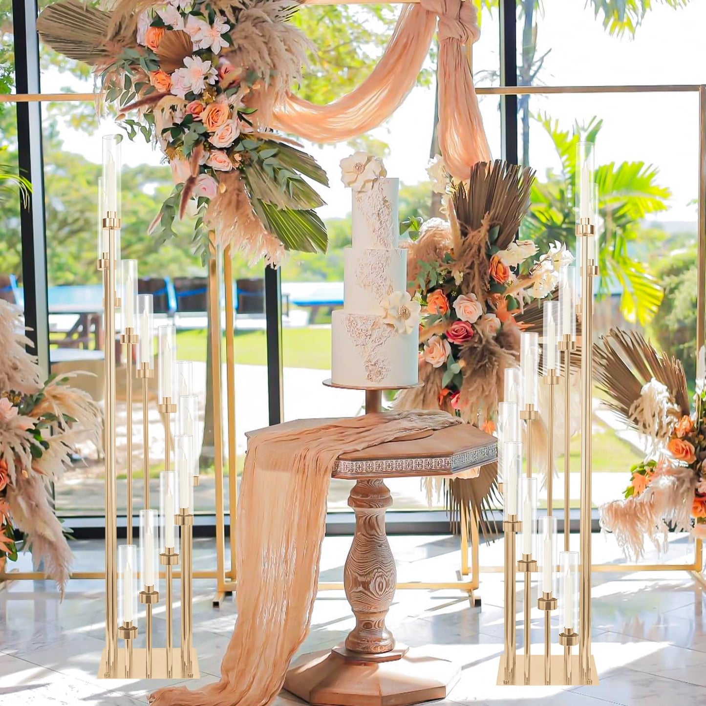 2 Sets 12Arm Gold Candelabra,Candle Holder with Clear Acrylic lampshades Fit Flameless or Wax,46'' High Large Floor Candelabra Centerpiece for Wedding Aisle Ceremony Reception Event Decoration