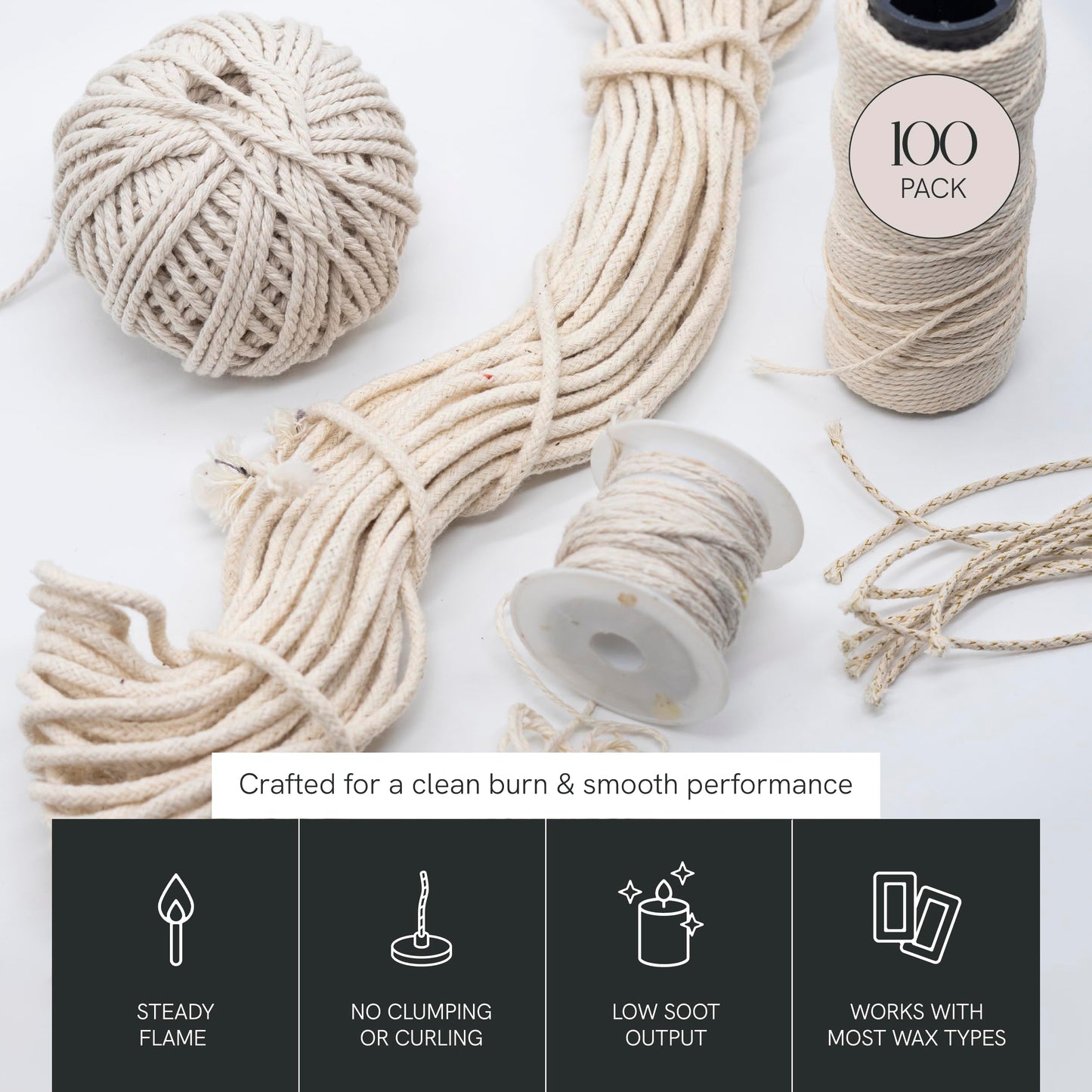 EAP Innovations Cotton Core Candle Making Wicks 6", Ideal for Votives, Pillars, and Containers, All-Fiber Wicks for Candle Making, Steady and Clean Burn, Size 51-36-18C, Pack of 100