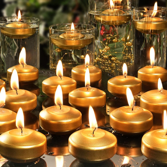 GINITIRI 2 inch Gold Floating Candles, 48 Pack Unscented Floating Candles for Centerpieces,5-6 Hours Water Activated Candle Bulk for Cylinder Vases Wedding Pool