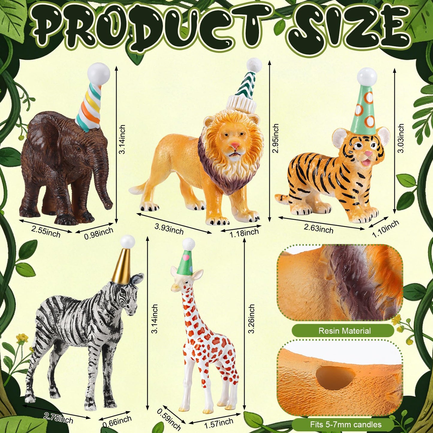 BrightRow 5 Pcs Safari Jungle Animal Cake Candle Holders Resin Animals Figures Cake Topper Birthday Party Decor Giraffe Lion Elephant Zebra Tiger Candle Stands for Wild Animals Themed Party Decor