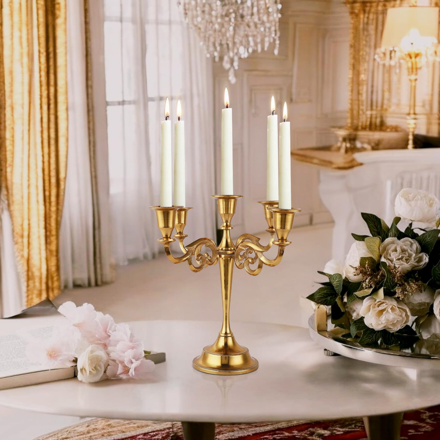 Rely+ 5 Arm Candelabra Taper Candle Holders Decorations Indoor Kitchen Décor Table Candles Candlestick Candelabra Centerpiece (Gold)