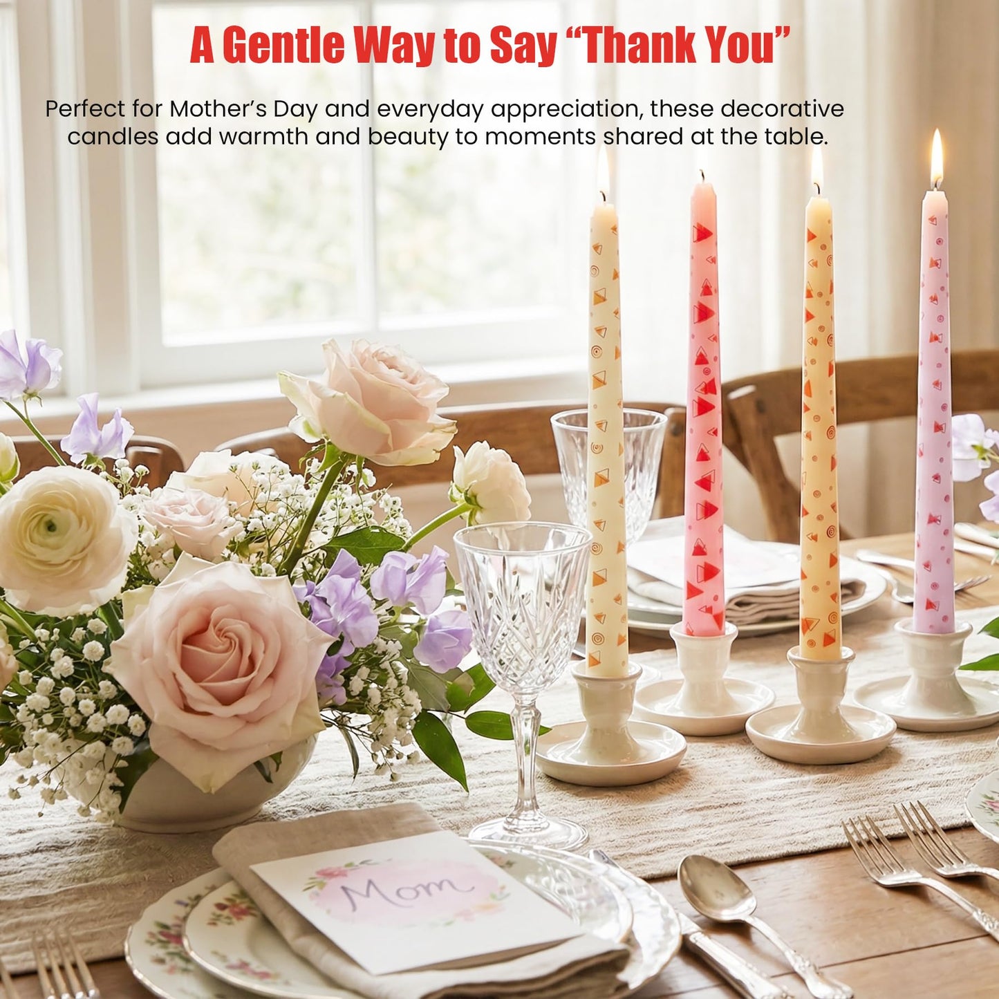 FYBW 10 Inch Decorative Taper Candles, 4 Pack – Modern Geometric Printed Candles for Dinner Table, Wedding, Mother’s Day & Home Decor