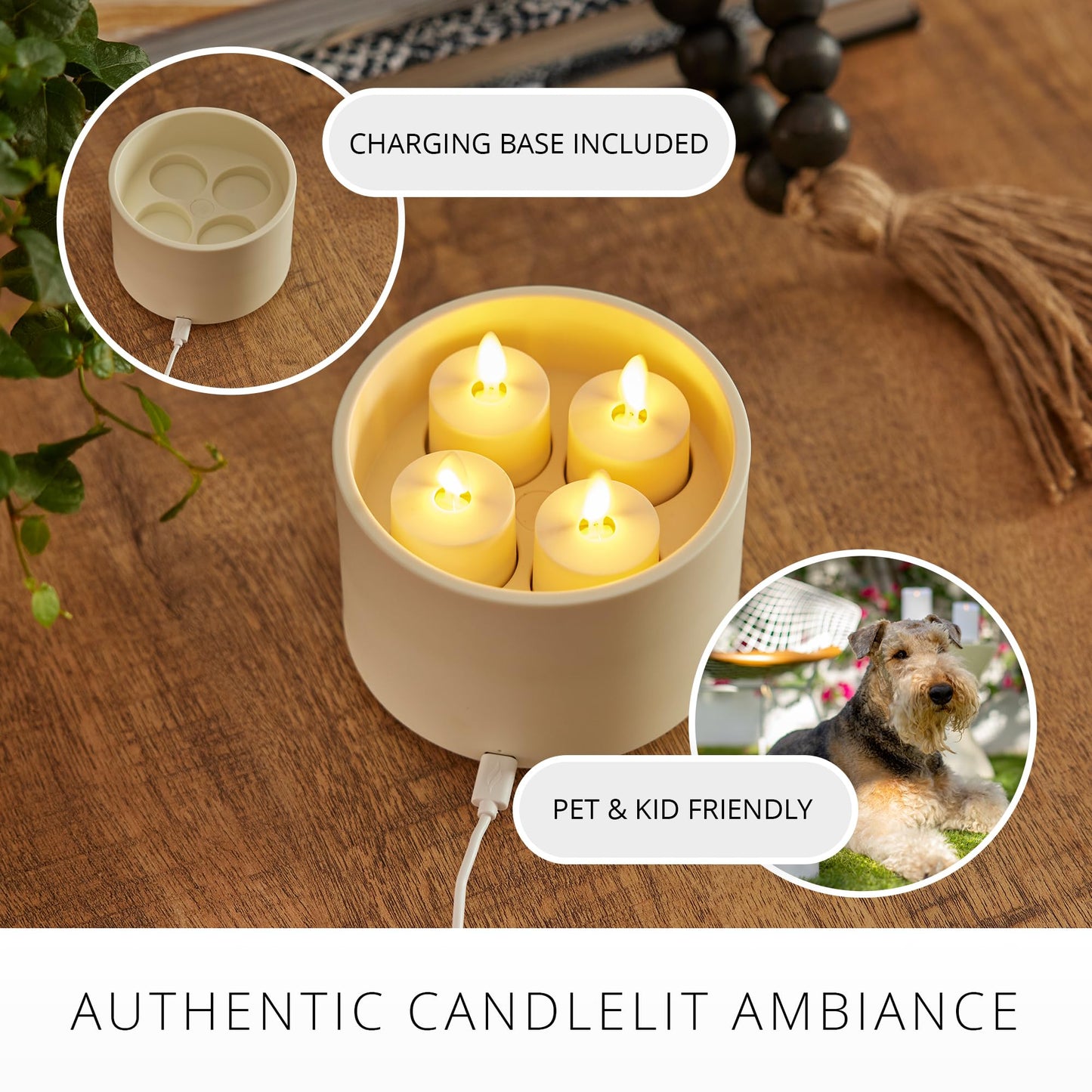 Luminara Flameless Tealights Rechargeable LED Set of 4 1.5" x 2.1", Battery Operated Moving Flame w/USB Charging Base, Indoor Safe Decorative Lights