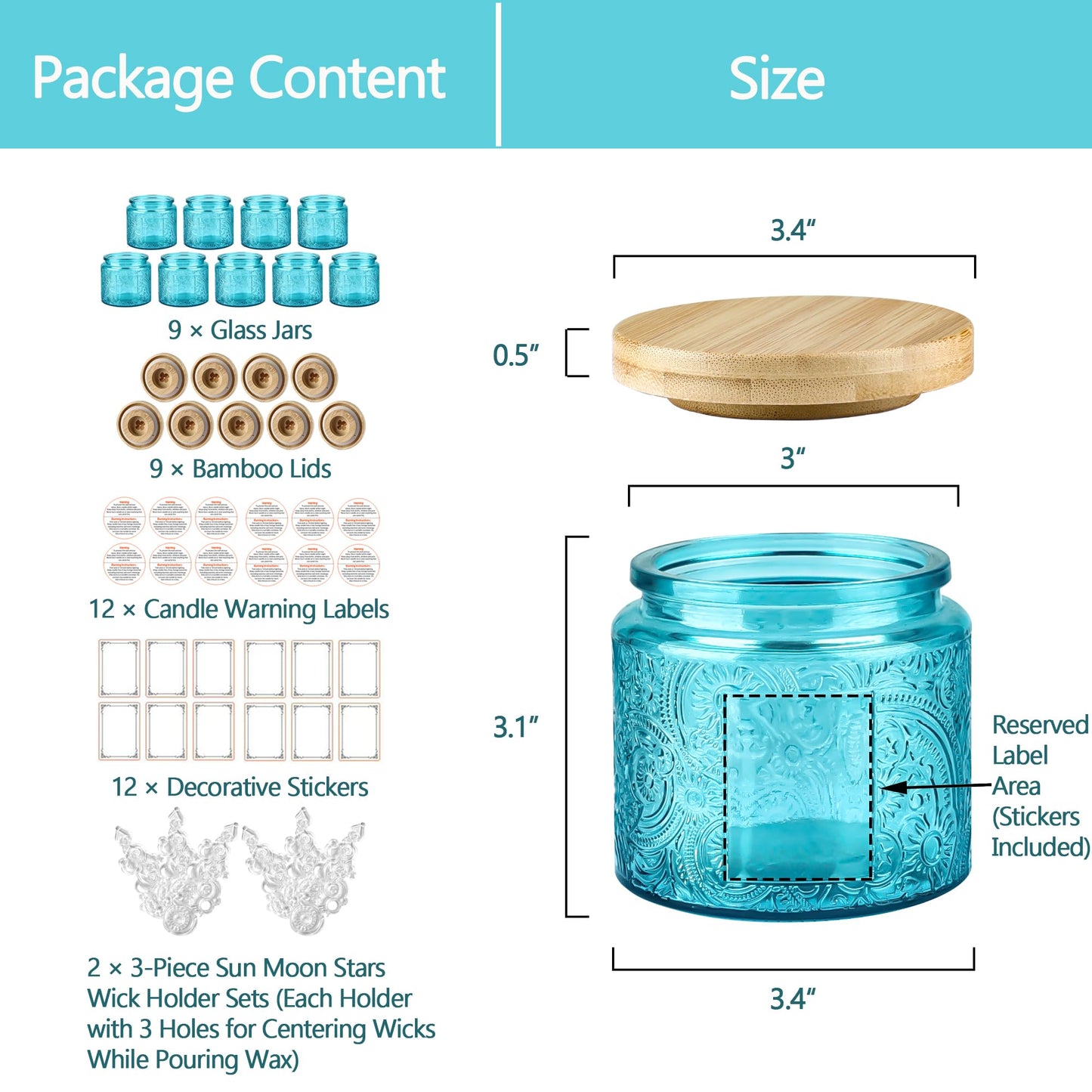 10 oz Embossed Glass Candle Container with Bamboo Lids and Labels, Clear Candle Jars for Making Candles, Sun Moon Stars Design - Pack of 9 (Blue)