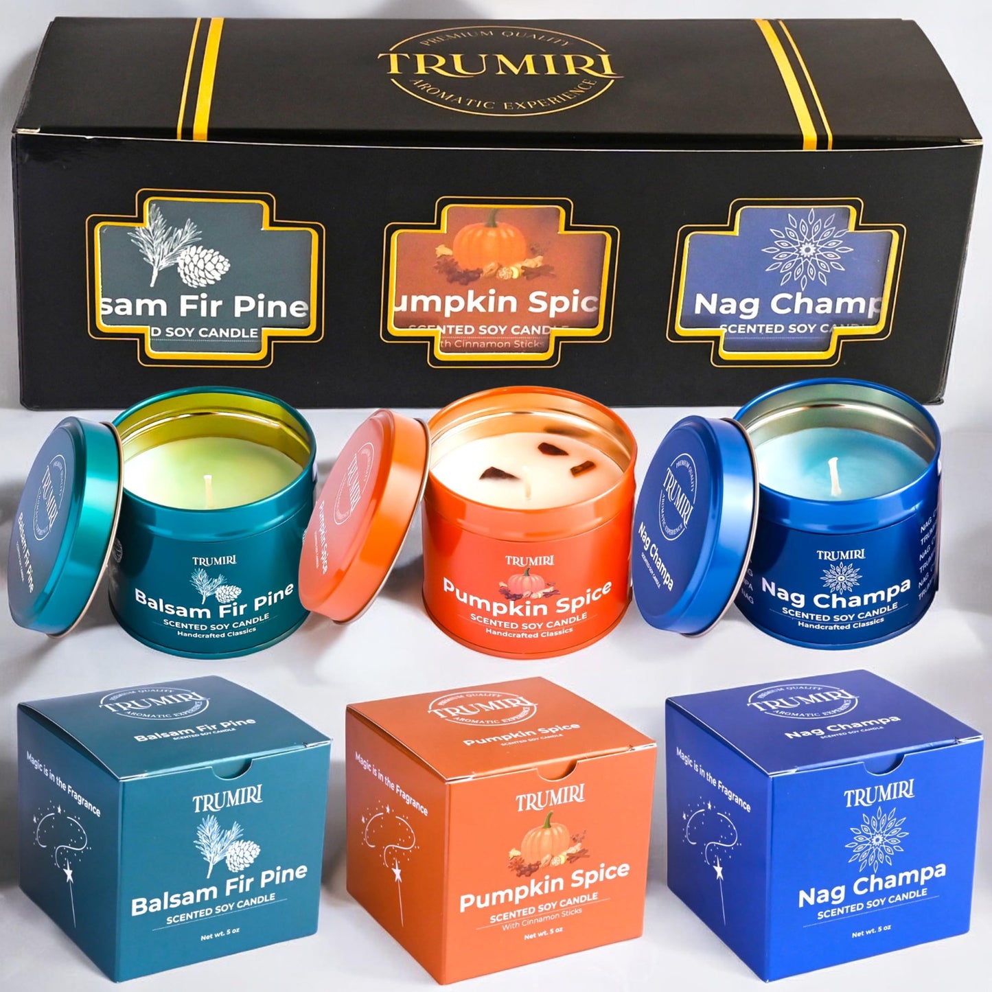 Balsam Fir Pine, Pumpkin Spice, Nag Champa - Soy Candles Non Toxic - Highly Scented Long Lasting with Essential Oils - Variety Pack of 3 x 5oz - for Home Aromatherapy Meditation Gift Travel