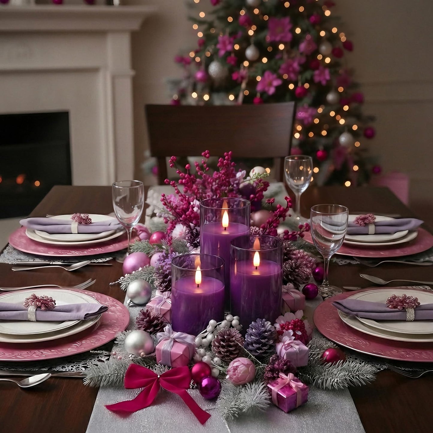Homemory Purple Glass Flameless Candles, Battery Operated LED Pillar Candles with Remote Control and Timer, Radiance Candles, Real Wax, Set of 3,D3 xH4 5" 6"