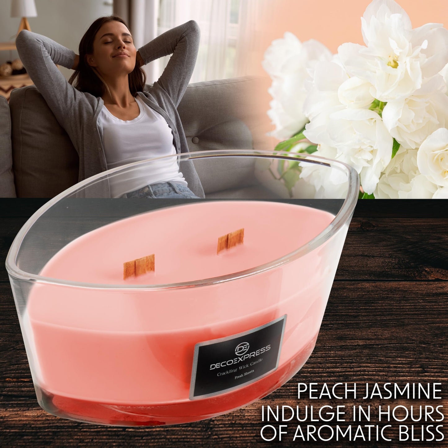 DECO EXPRESS Scented Candles, Crackle Double Wick Candles, Long 50 Hours Burn Time, Home Decor & Gift Ideas (Peach Jasmine)