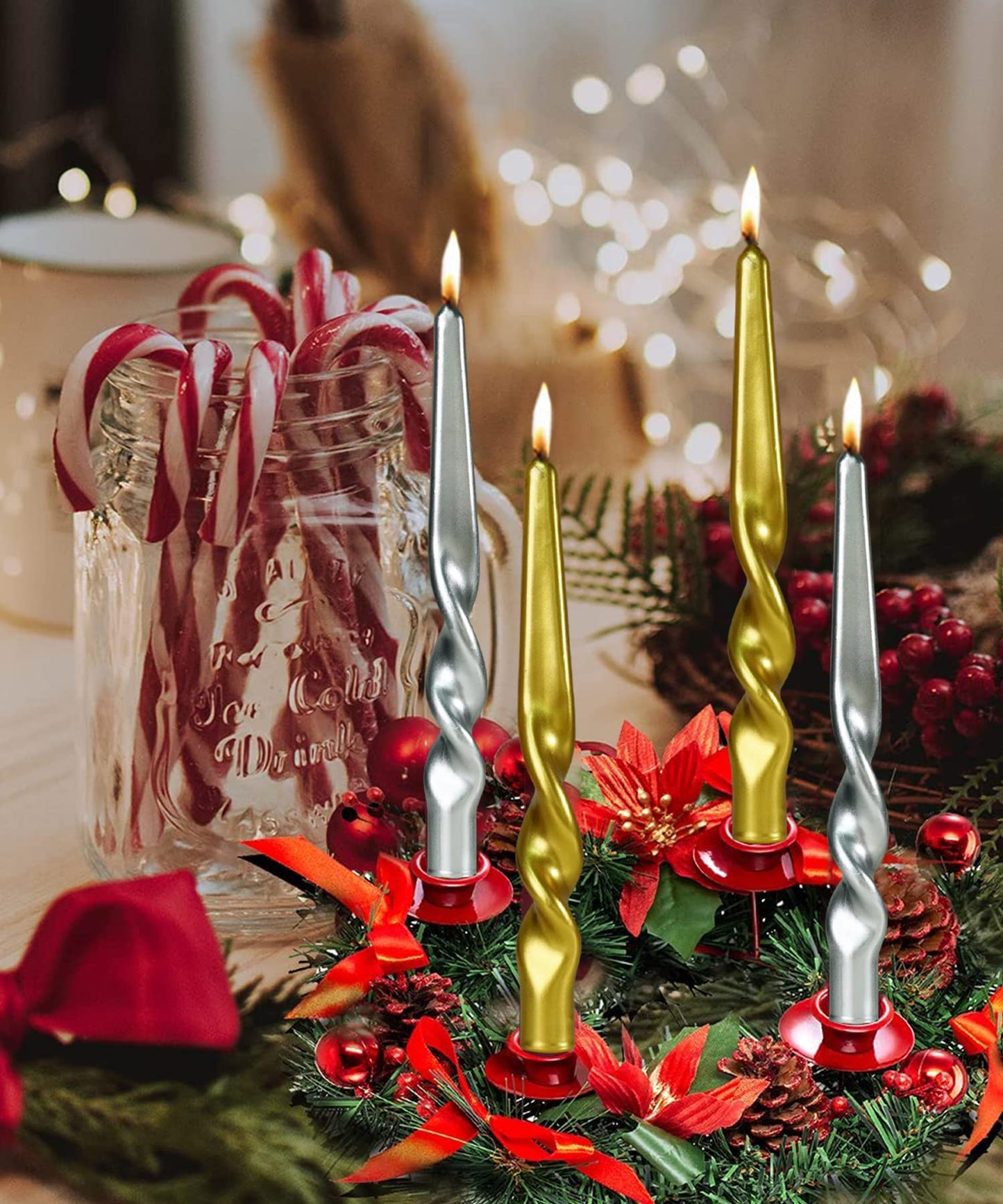 LPUSA Spiral Taper Candles Twisted Candle Conical Stick Candles for Holiday Wedding Party Wax Unscented Dinner Candle Dripless,Christmas Gift H 10 Inch,4pcs（Gold-A）