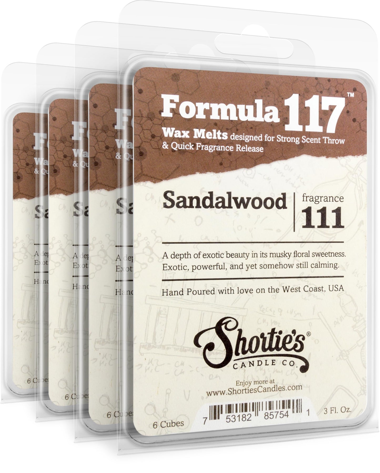 Shortie's Candle Company Sandalwood Premium Wax Melts 4 Pack - 12 Oz., Strong & Long Lasting, Non-Toxic - Made with Essential & Natural Oils - Formula 117