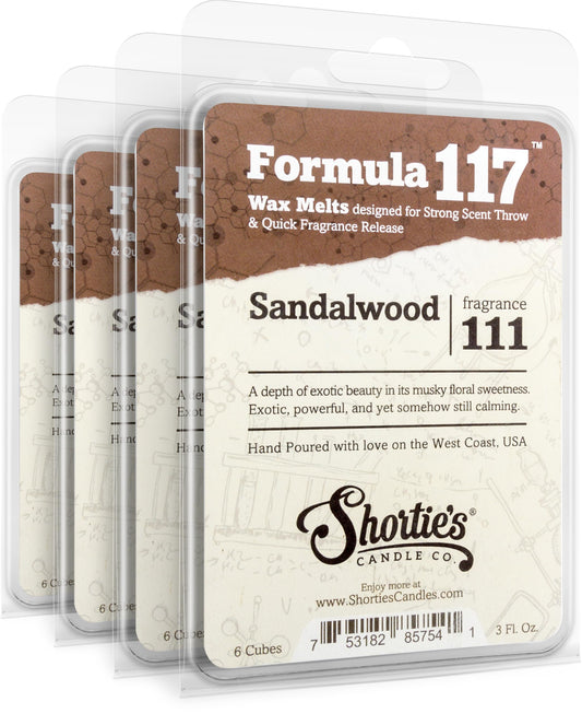 Shortie's Candle Company Sandalwood Premium Wax Melts 4 Pack - 12 Oz., Strong & Long Lasting, Non-Toxic - Made with Essential & Natural Oils - Formula 117