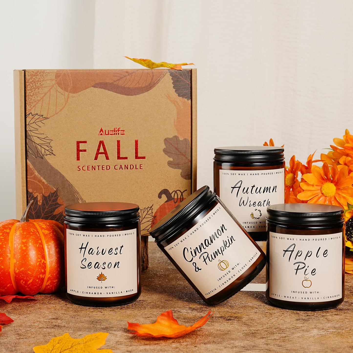 Auelife Fall Candle Set | 8 Pack Scented Candles for Home - Candle Gifts for Women Men, Soy Candles Home Scented | Autumn Fragrance of - Apple Pie/Cinnamon/Harvest/Wreath