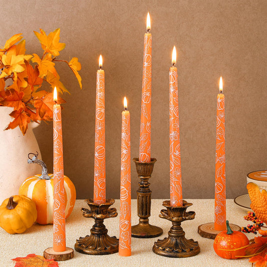 Conelist 6 Pcs Orange Fall Taper Candles 10'' Thanksgiving Taper Candlesticks Maple Leaves Pumpkin Autumn Decorative Candles for Hostess Gift Dinner Table Decorations Party Supplies Home Decor