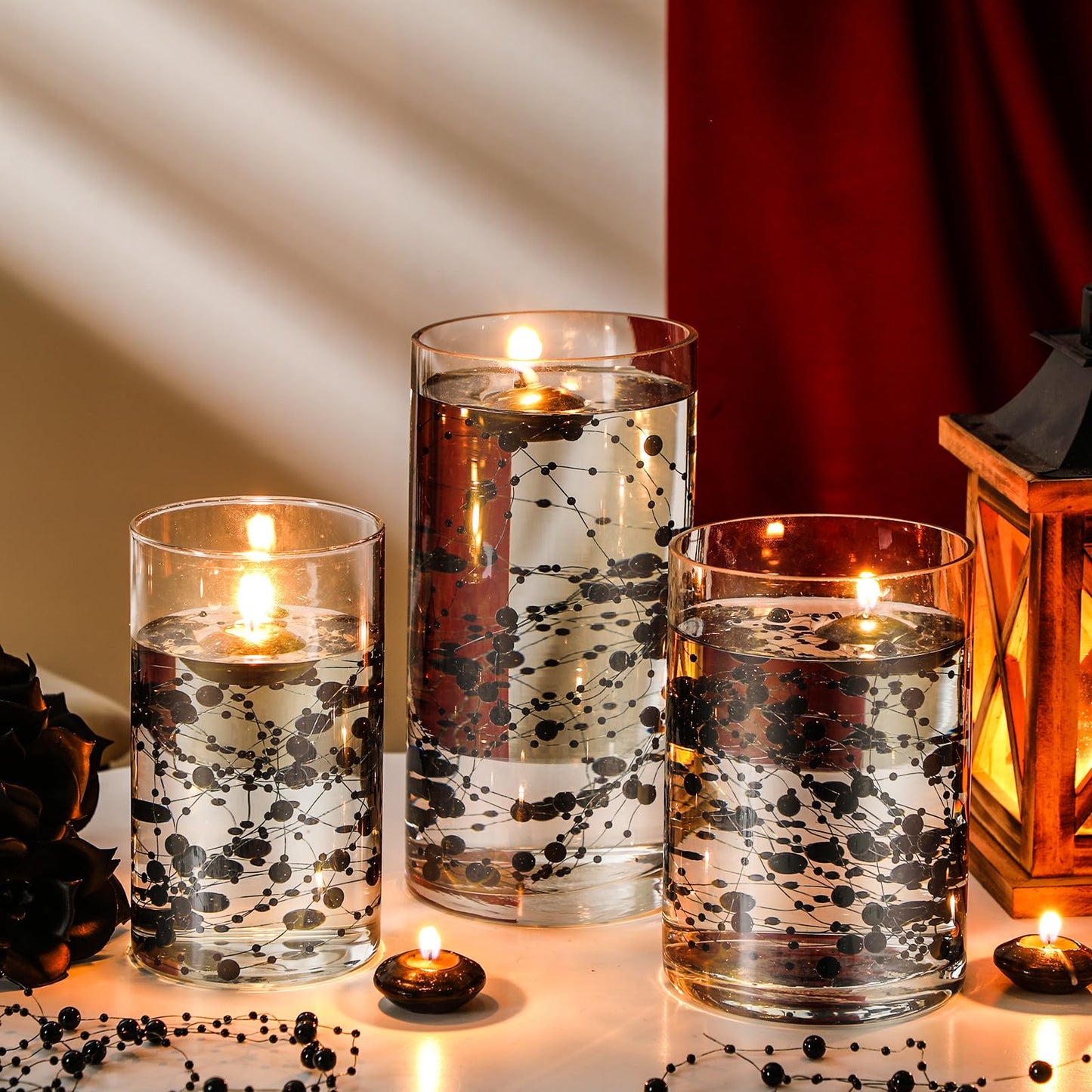 Fumete 40 Pcs Black Floating Candles with Pearl Strings, Small Unscented Floating Candles Centerpiece for Night Events, Gothic Party Table Decor, Wedding, Anniversary, Birthday, Modern Home Decor