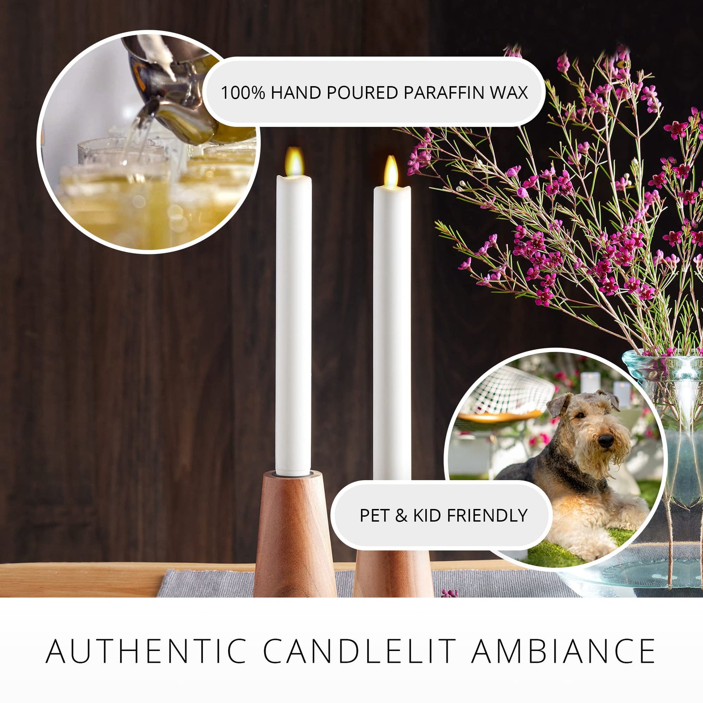 Luminara Set of 2 Moving Flame LED Taper (1x9.75), Flameless Candle, Melted Edge, Smooth Wax, Unscented (White)