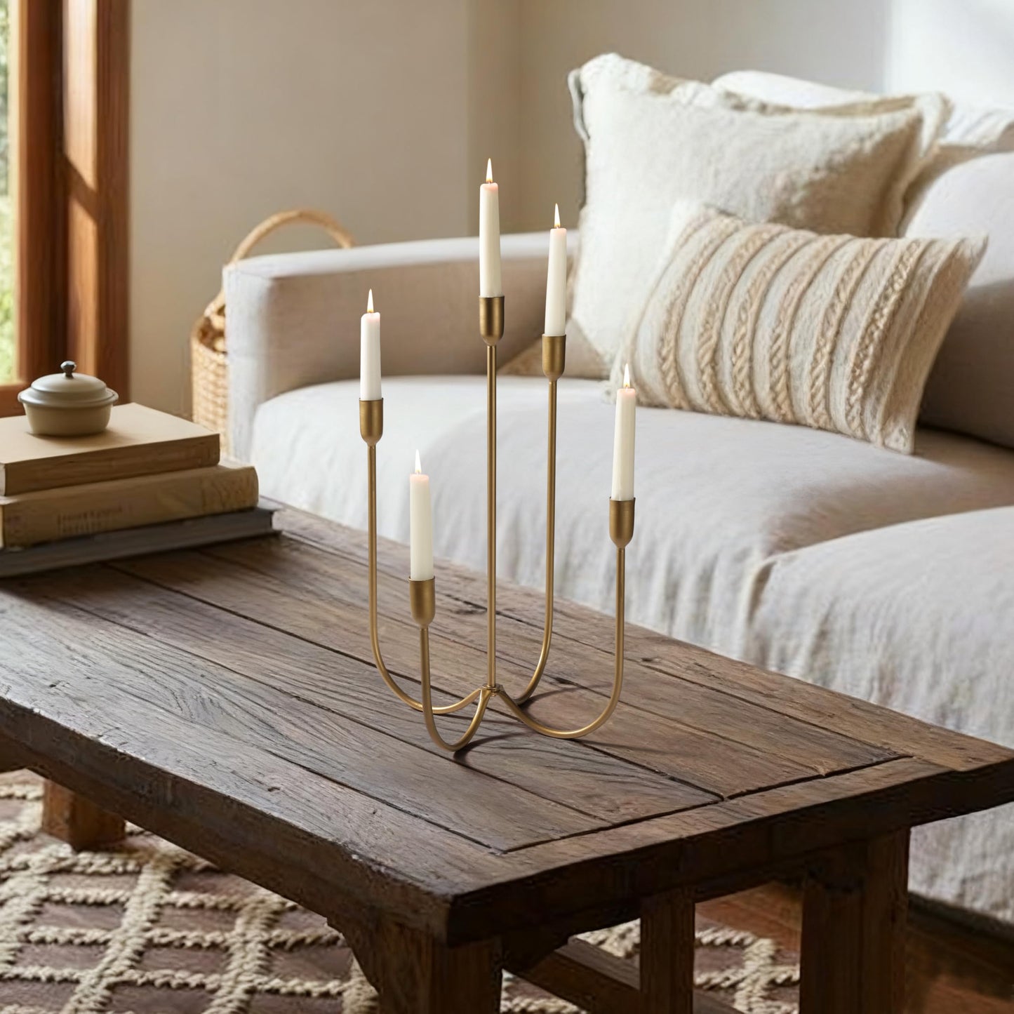 Perfnique 5-Candle Iron Candelabra, 17 Inch Antique Brass Gold Candle Holder, Hand-Forged Cast Gold Candle Holder for Wedding, Event, Christmas & Dining, Table Centerpiece Décor