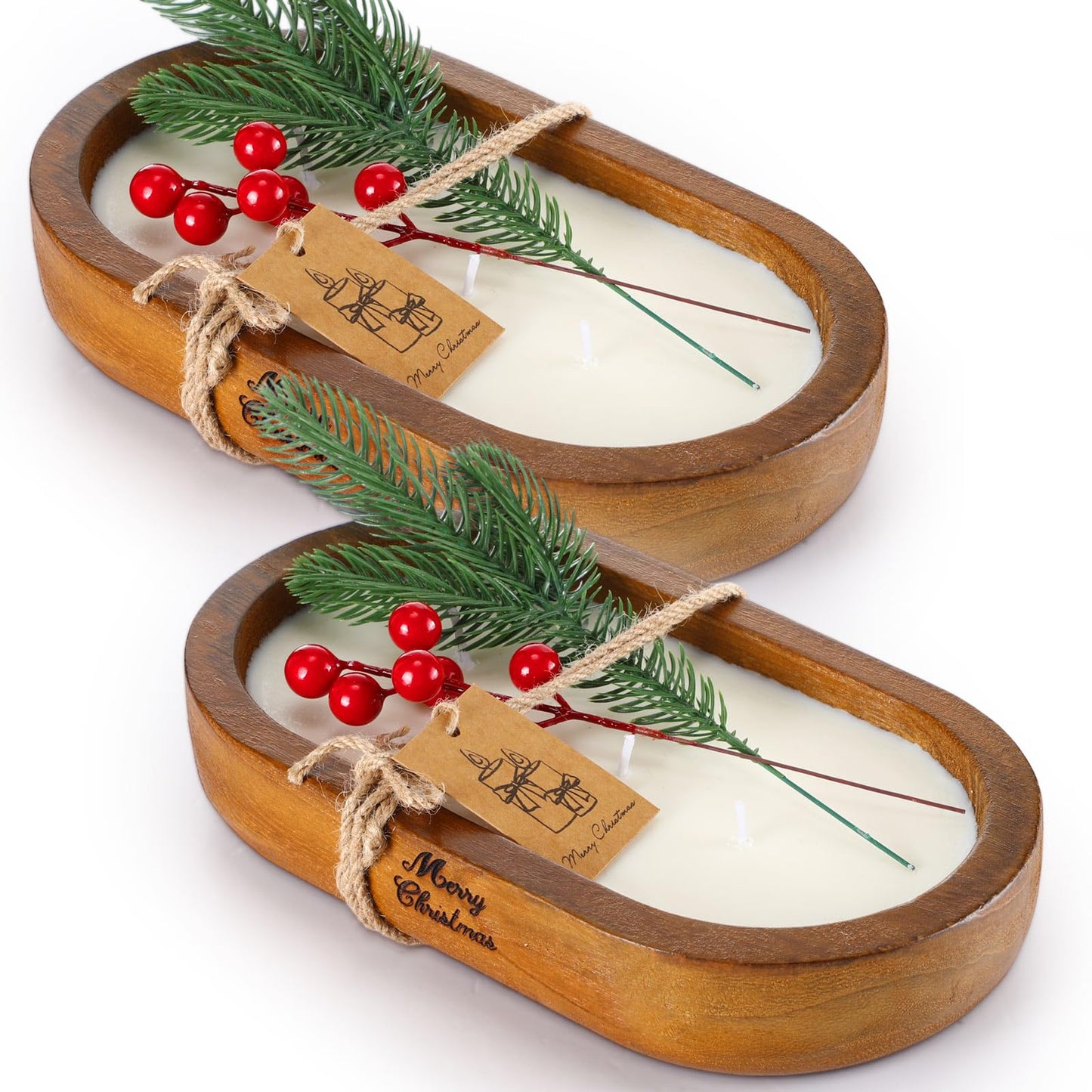 MTLEE 2 Pack Dough Bowl Christmas Candle Wood Candle 9.4 x 5.7 x 1.8 Inch Scented Candles for Home Wooden Candle Bowl 3 Wick Decorative Candles for Home Decor Farmhouse Gift for Christmas