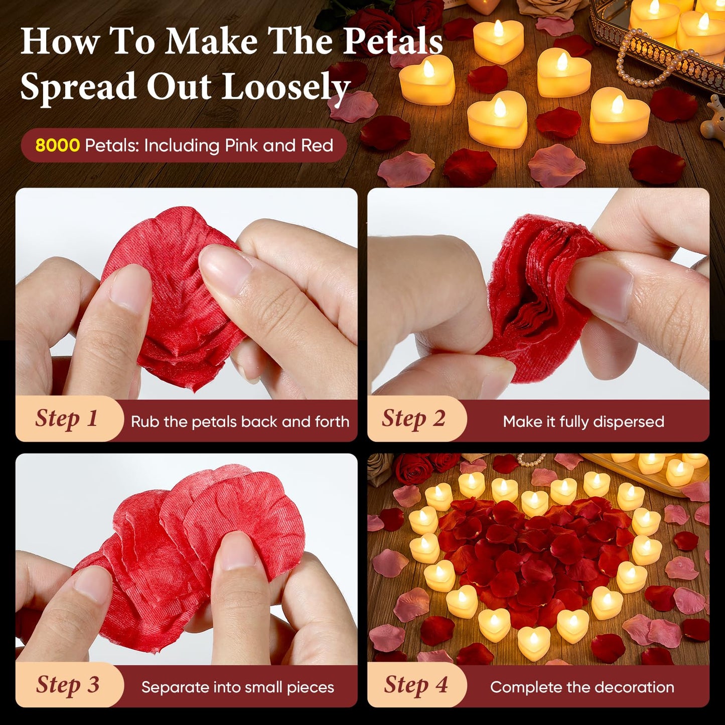 Chanceboleng 8000Pcs Rose Petals with 72Pcs Flameless LED Tea Lights Candles Valentine's Day Romantic Decorations Special Night Set for Night Wedding Anniversary or Table Décor, Warm Yellow