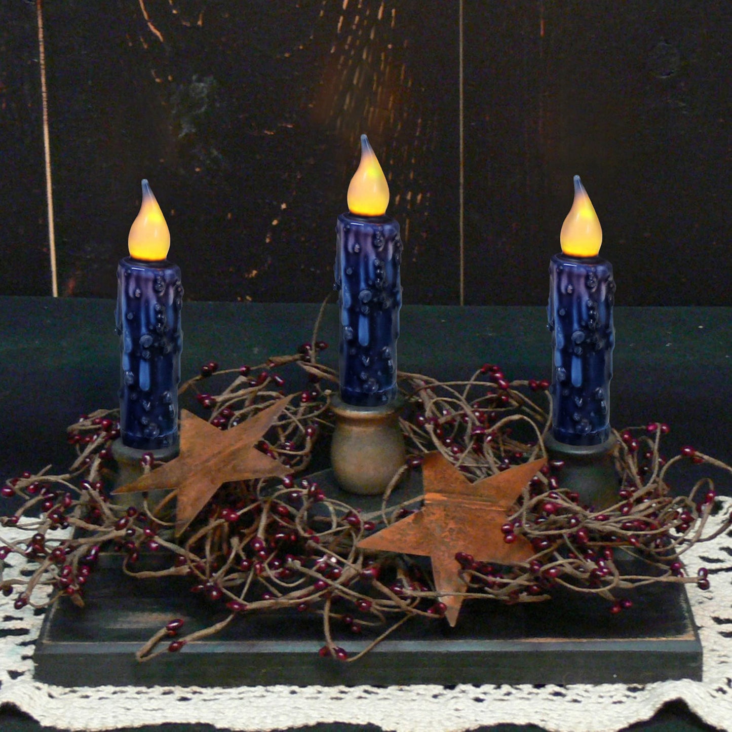 CVHOMEDECO. Real Wax Hand Dipped Battery Operated LED Timer Taper Candles Rustic Primitive Flameless Lights Decor, 4-3/4 Inch, Navy Blue, 3 PCS in a Package