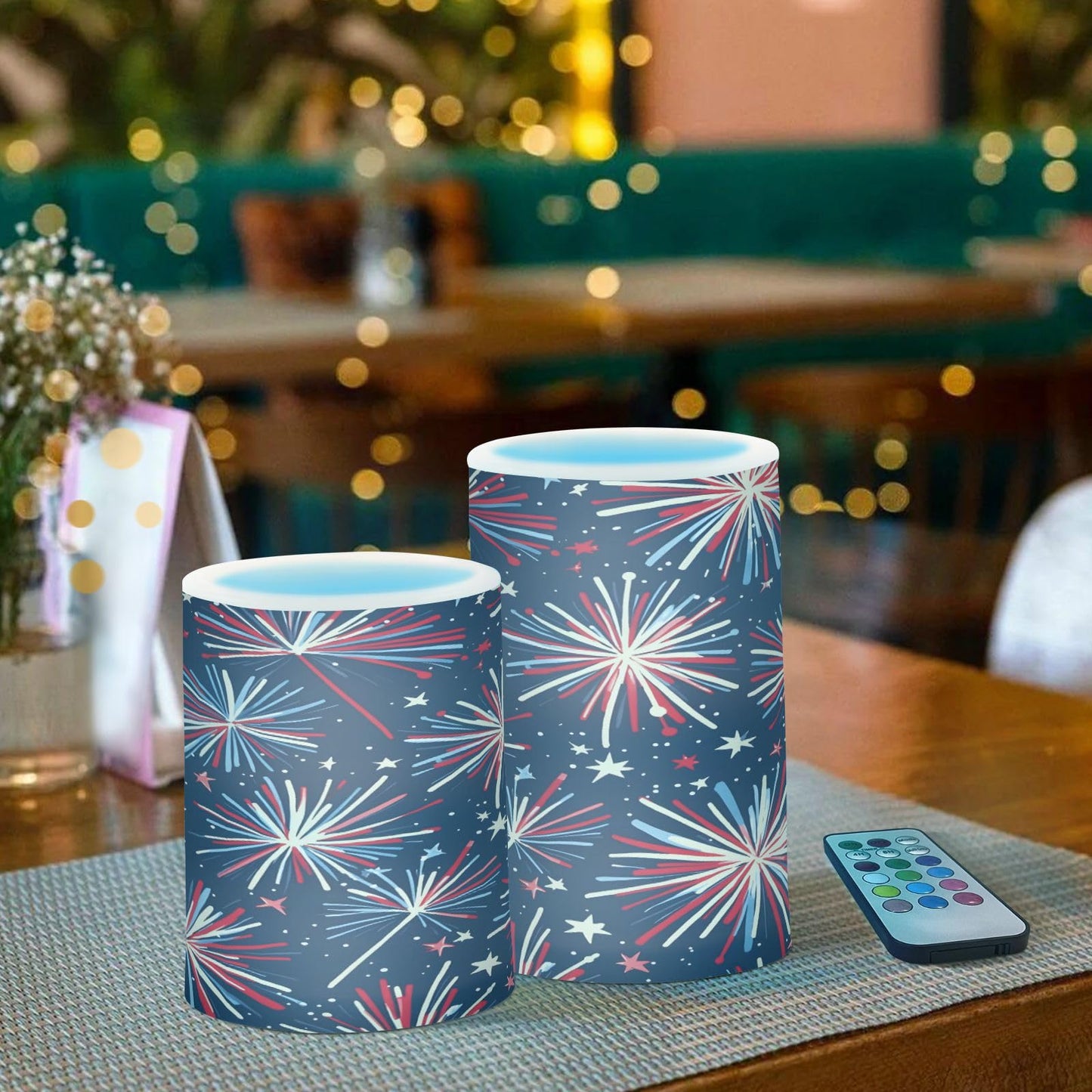 ALAZA Fireworks Blue Red 4th July Flickering Flameless Candles Battery Operated with Remote Timer,Tea Light Candles LED Pillar Votive Patriotic Candles Set of 2 for Outdoor Indoor Decorations
