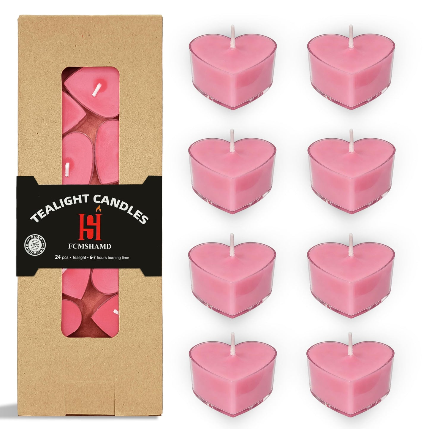 Tea Lights Rose Red Heart Tea Candles Set of 24 – Tealight Candles with Peach Scent, Long Burning Handmade Tealights for Wedding Meditation Home Decor Gift
