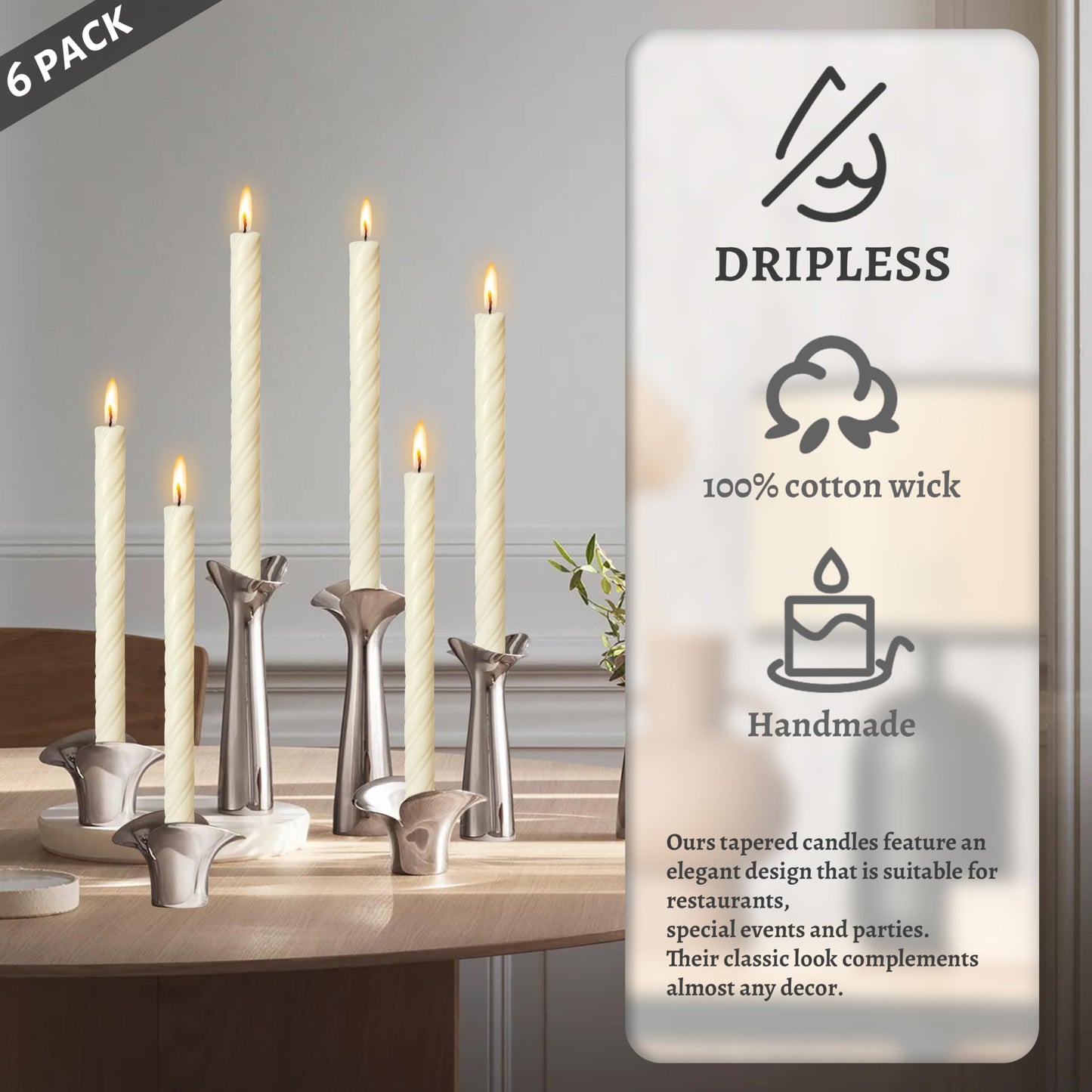 Unscented Taper Candles Dripless Ivory Yellow Spiral Candles Smokeless Long Dinner Candles 10 Inch Housewarming Candlesticks for Home Decoration