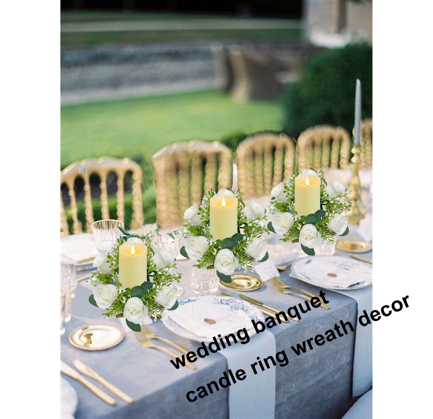 tyoungg 4 PCs Artificial Rose Eucalyptus Candle Rings Wreath Weddding Bridal Shower Table Home Decor (4, White)