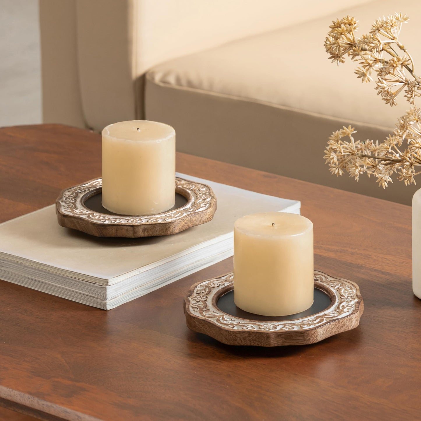 JFY Designs Hand Carved Solid Wood Candle Centerpiece Set of 2 - Pillar Candle Holders Decorative Candlestick Holder for Home Décor, Wedding, Dinning, Party