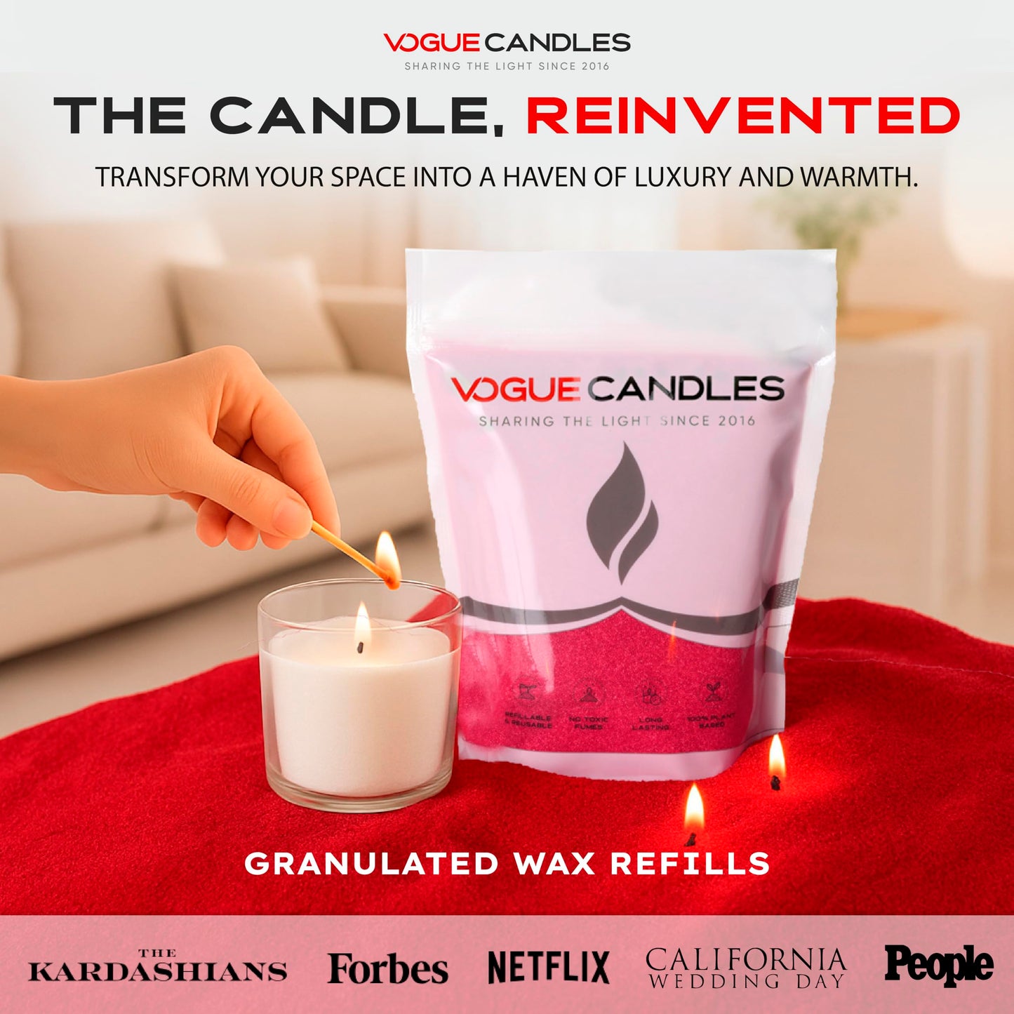 Vogue Candles Red Pearled Candle Sand Wax (1 LB) – Sand Candle Kit w/15 Cotton Wicks for DIY Home Lighting – Plant-Based & Reusable Wax Granules Refill for Custom Vessels, Décor and Father’s Day Gifts
