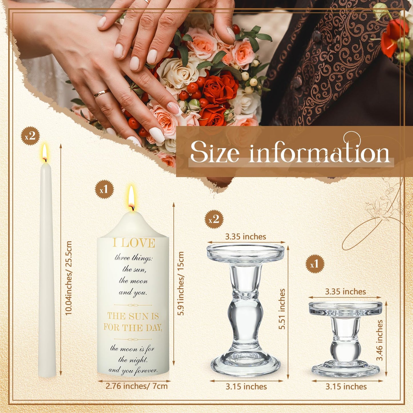 MTLEE 3 Unity Candles with Candle Holder for Wedding Unity Candle Set Include 1 Pillar and 2 Taper Candles for Ceremony Wedding Accessories Baptism Catholic Church (Love Things)
