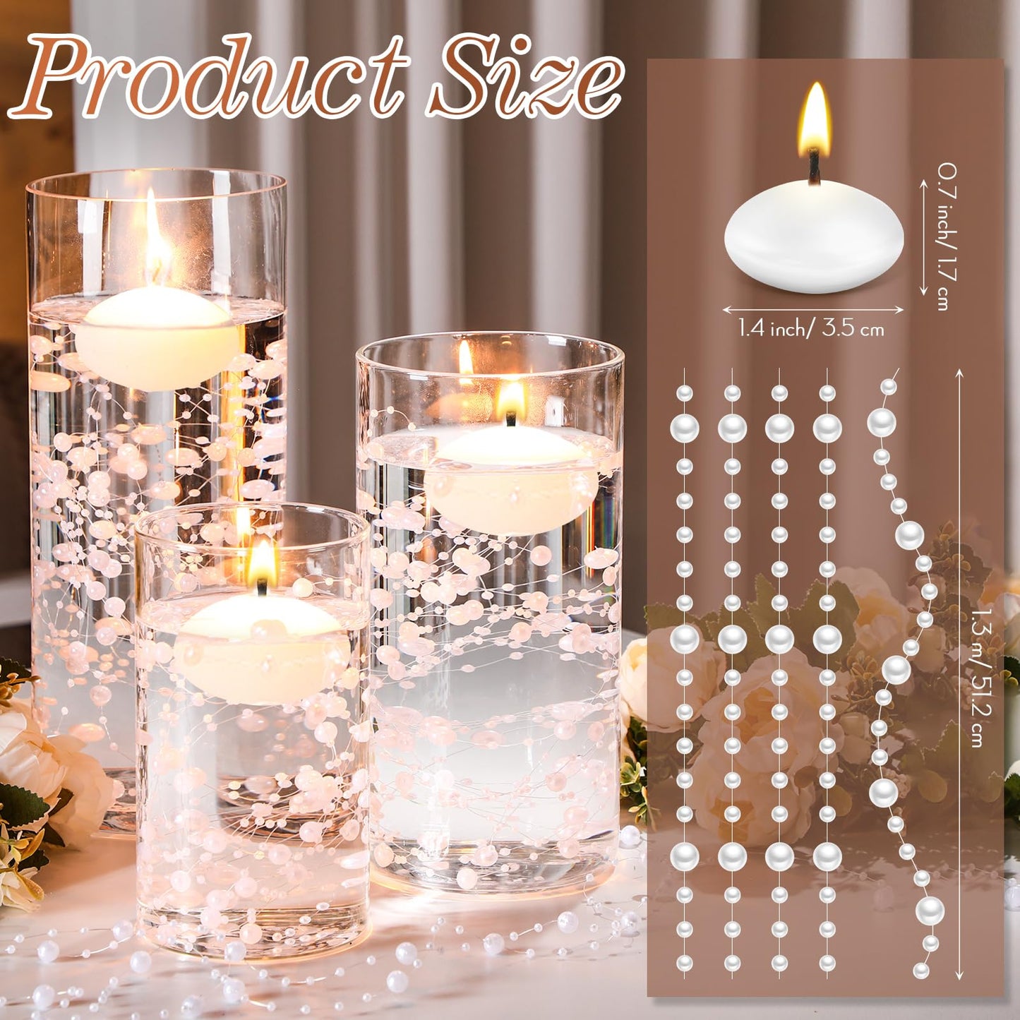 Fumete 40 Pcs White Floating Candles with Pearl Strings, Small Unscented Floating Candles for Wedding Centerpieces, Valentine's Day, Anniversary, Birthday, Elegant Home Decor