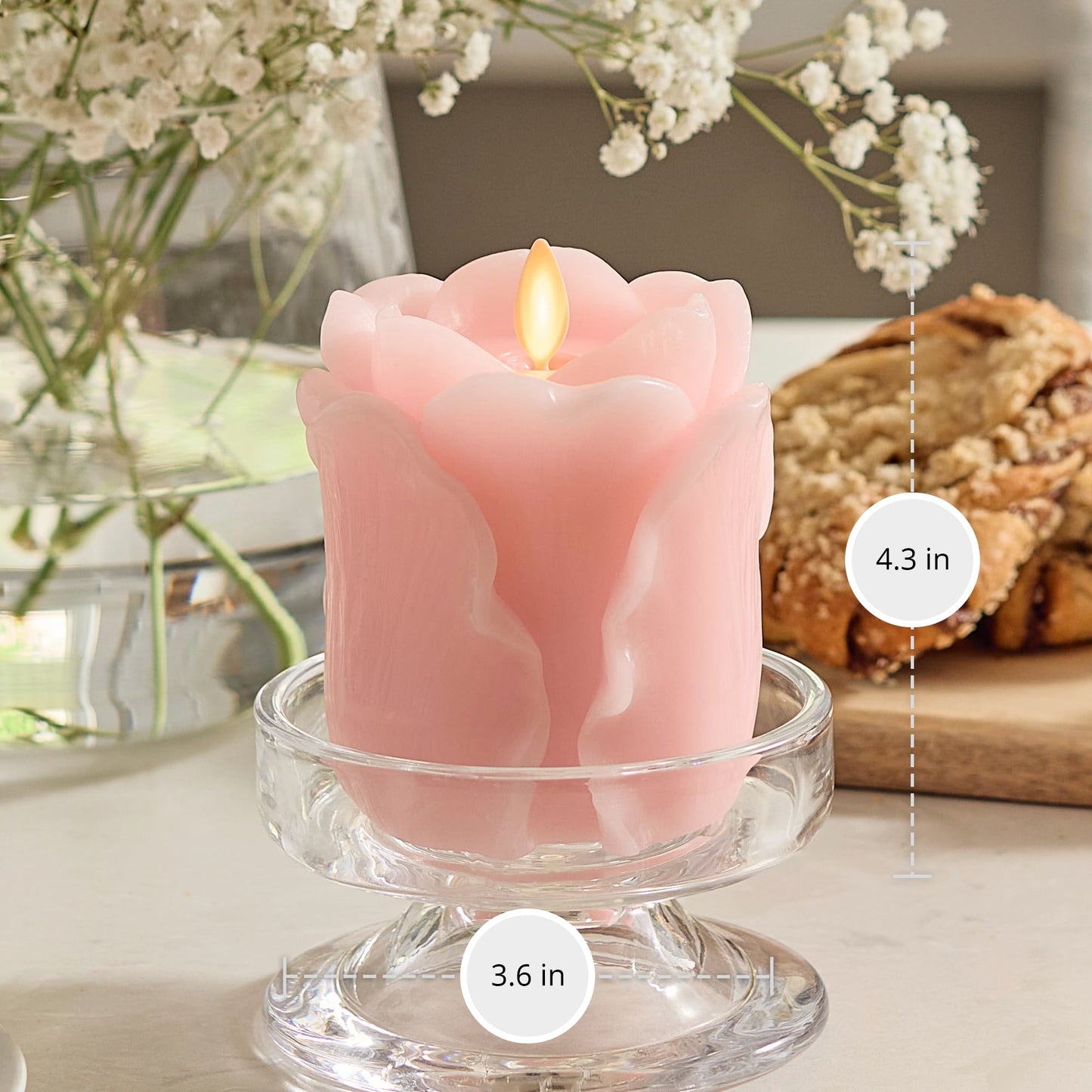 Luminara Crystal Rose Flameless Candle - 3.6" x 4.3" Rosebud Pillar - Real Flame Technology w/Flickering LED Light - Perfect for Mother's Day