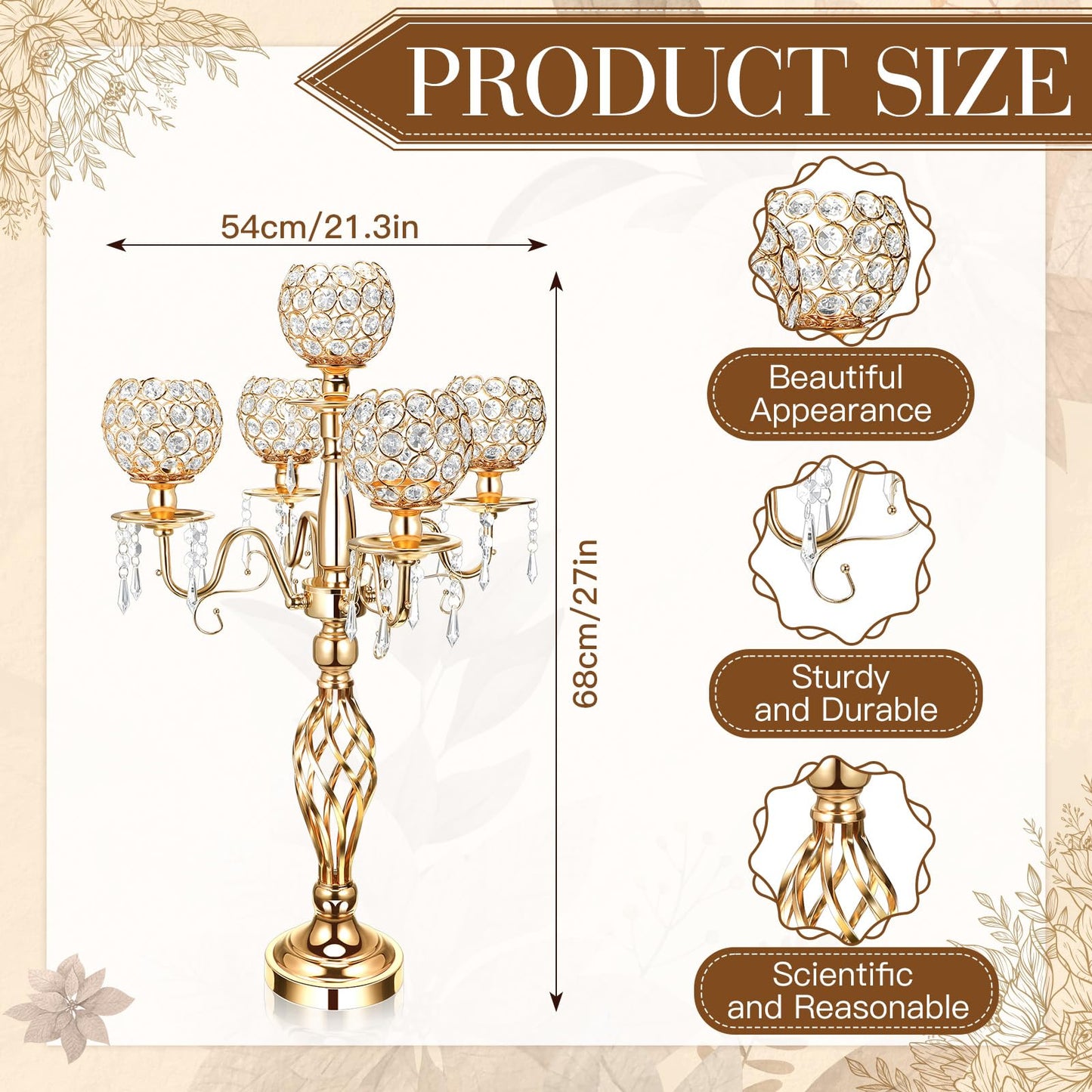 Nitial 4 Pcs 5 Arm Crystal Candelabra Centerpieces for Table 27 Inch Retro Victorian Crystal Candle Holders Bowl Table Centerpieces Decor for Wedding Banquet Valentine Dinner Party Event (Gold)