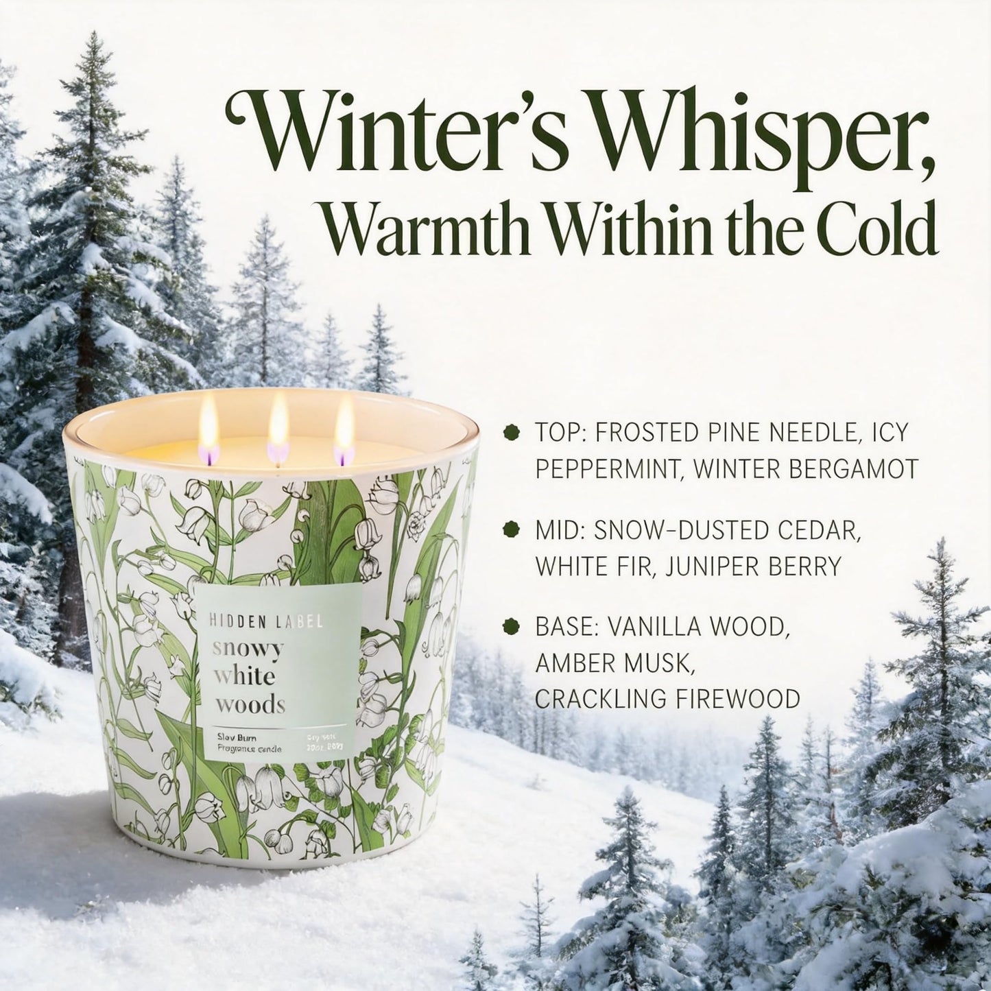 Hidden Label Snowy White Woods Candle, Giant 30oz 3 Wick Soy Candles Non Toxic, Scented Candle White Aromatherapy for Home, 100H Long Lasting Luxury Candles GIF
