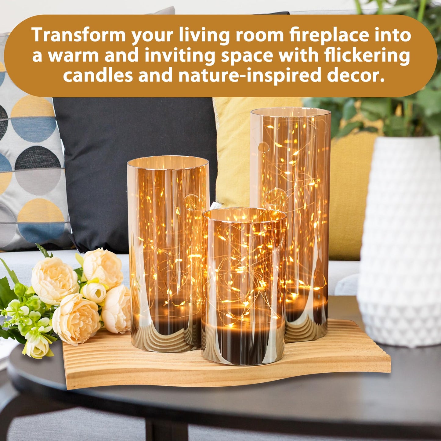 JHY DESIGN Set of 3 Glass Wax Flameless Candles Flickering Candles 6/8/10" H Glass Decorative Lights with Fairy String Lights Battery Powered for Home Party Wedding Indoor Outdoor (Champagne Plated)