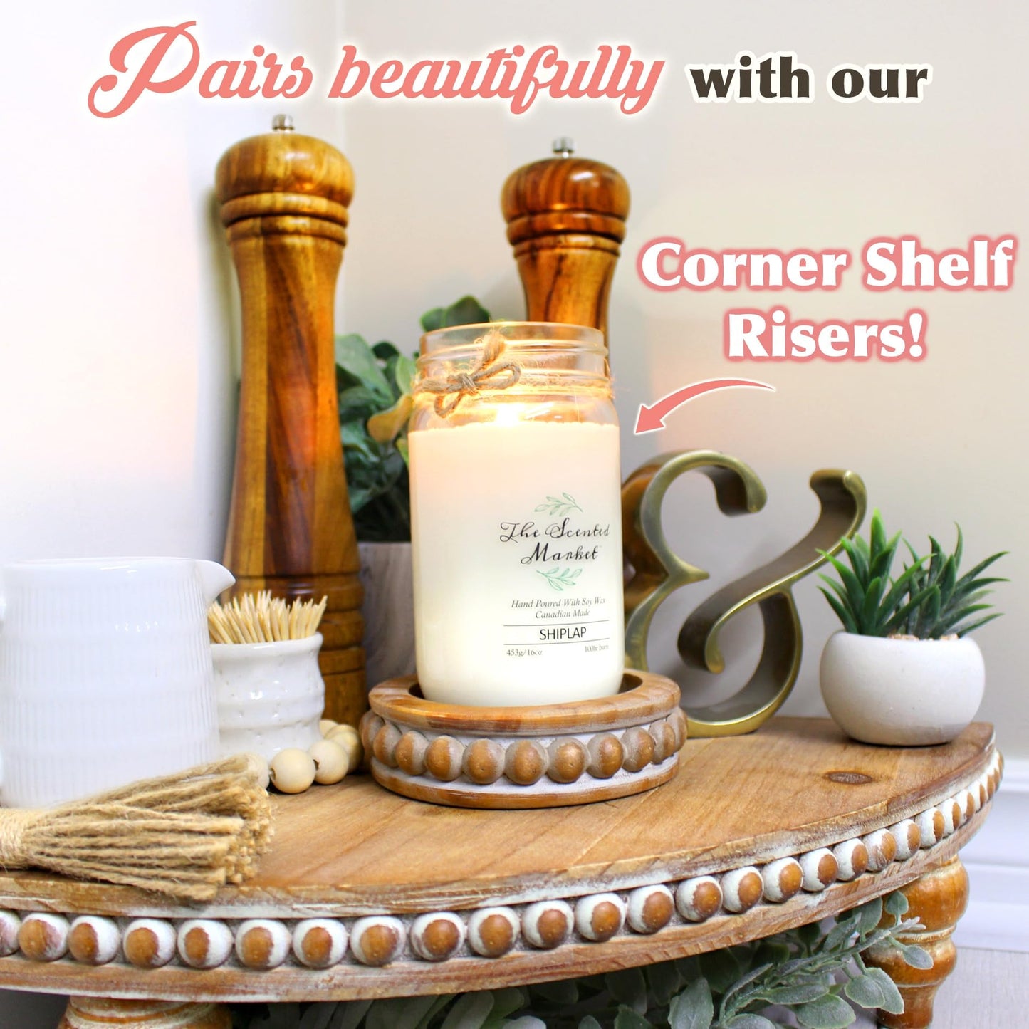 Candle Pedestal [Set of 2] Round Rustic Wood Beaded Risers - Sturdy 2-Sided Stackable Decor Pedestal Stands for Tiered Tray, Candle, Mug Display, Risers Display Stands (Rustic Brown, 5 inch)