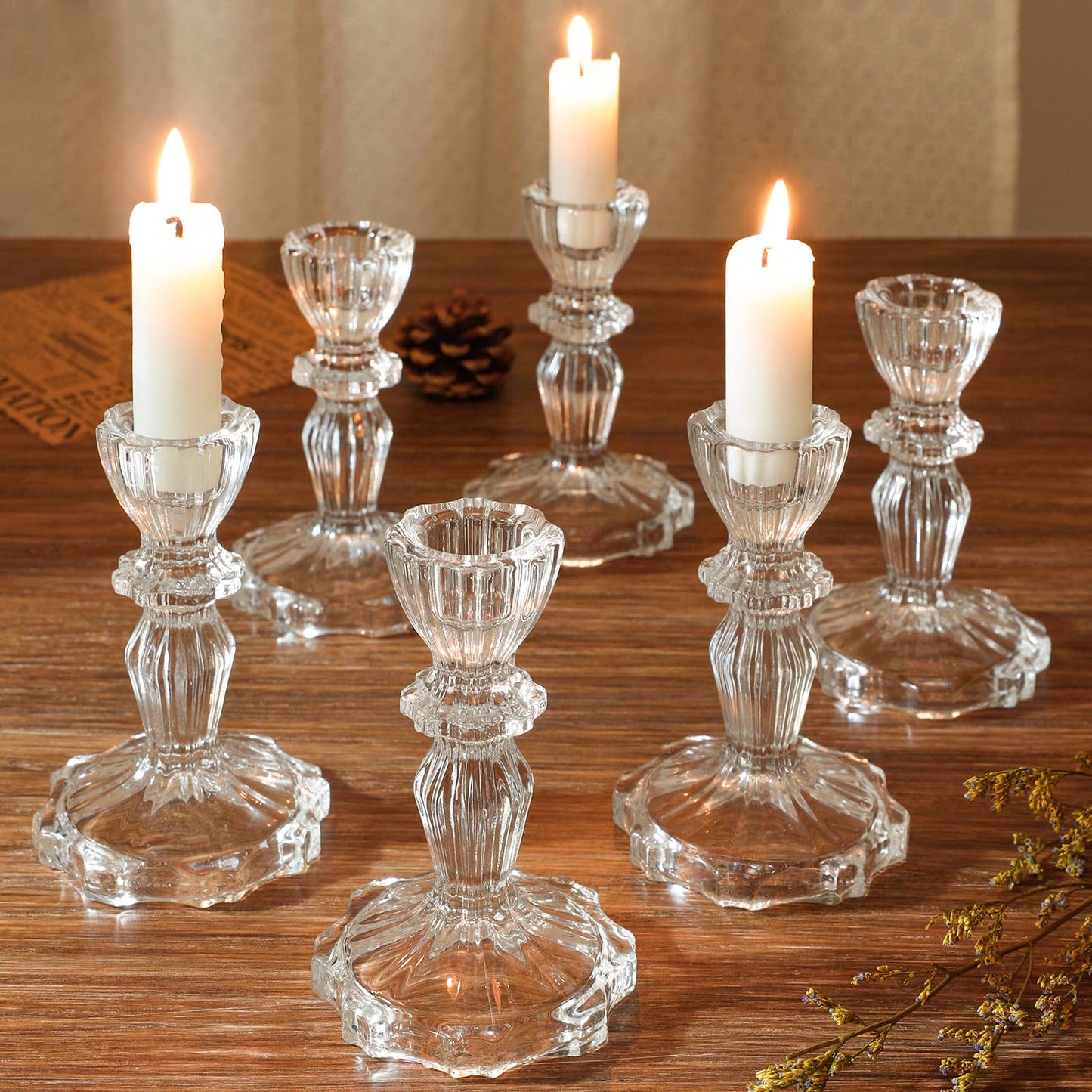 4.33" Tall Glass Candlestick Set of 6 Clear Crystal Candle Holders for Glass Taper Holder Decor for Wedding Birthday Party Christmas