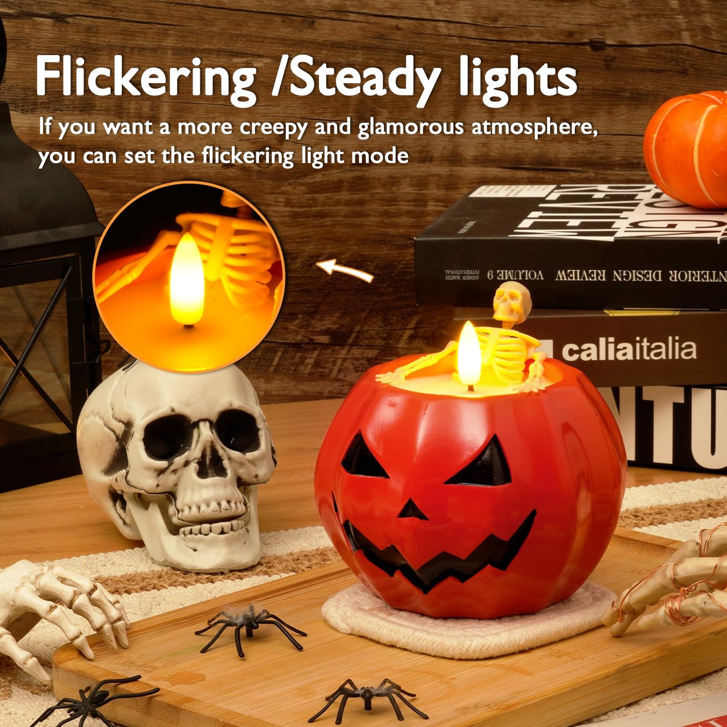 Halloween Decor-Flameless Pumpkin Candles, Real Wax Halloween Skeleton Candles, Flickering Battery Operated Candle with Remote for Gothic Party, Holiday Gift, Home Decor Indoor