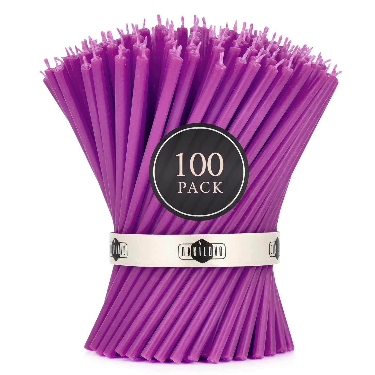 Danilovo Thin Taper Beeswax Candles - No-Drip, Smoke-Less, Tall, Decorative, Honey Scented Candles Ideal for Church Prayer, Rituals, Decor or Birthday – 6.3”x0.2” (Purple, 100pcs)