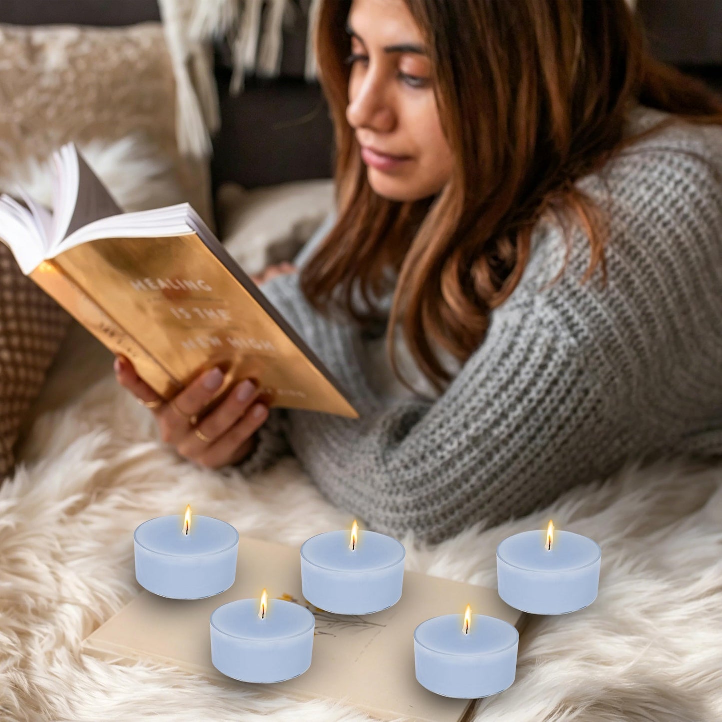 Blue Tea Candles Tea Lights Smokeless Bluebell Scent Tealight Candles Handmade Tealights Set of 24 Long Burning for Wedding Meditation Dinner Home Decor