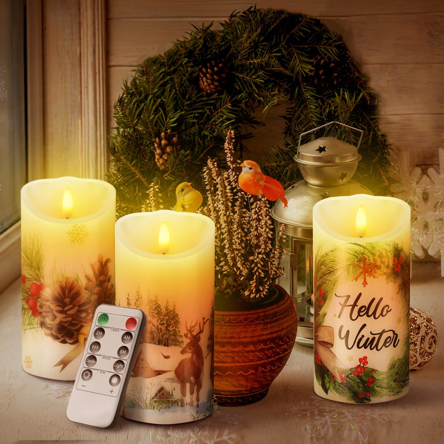 ROCEEI 3 Pcs Winter Forest Candles Battery Operated LED Candles Winter Forest Style Pillar Flickering Real Wax Decorations for Indoor Holiday Party Table Decor