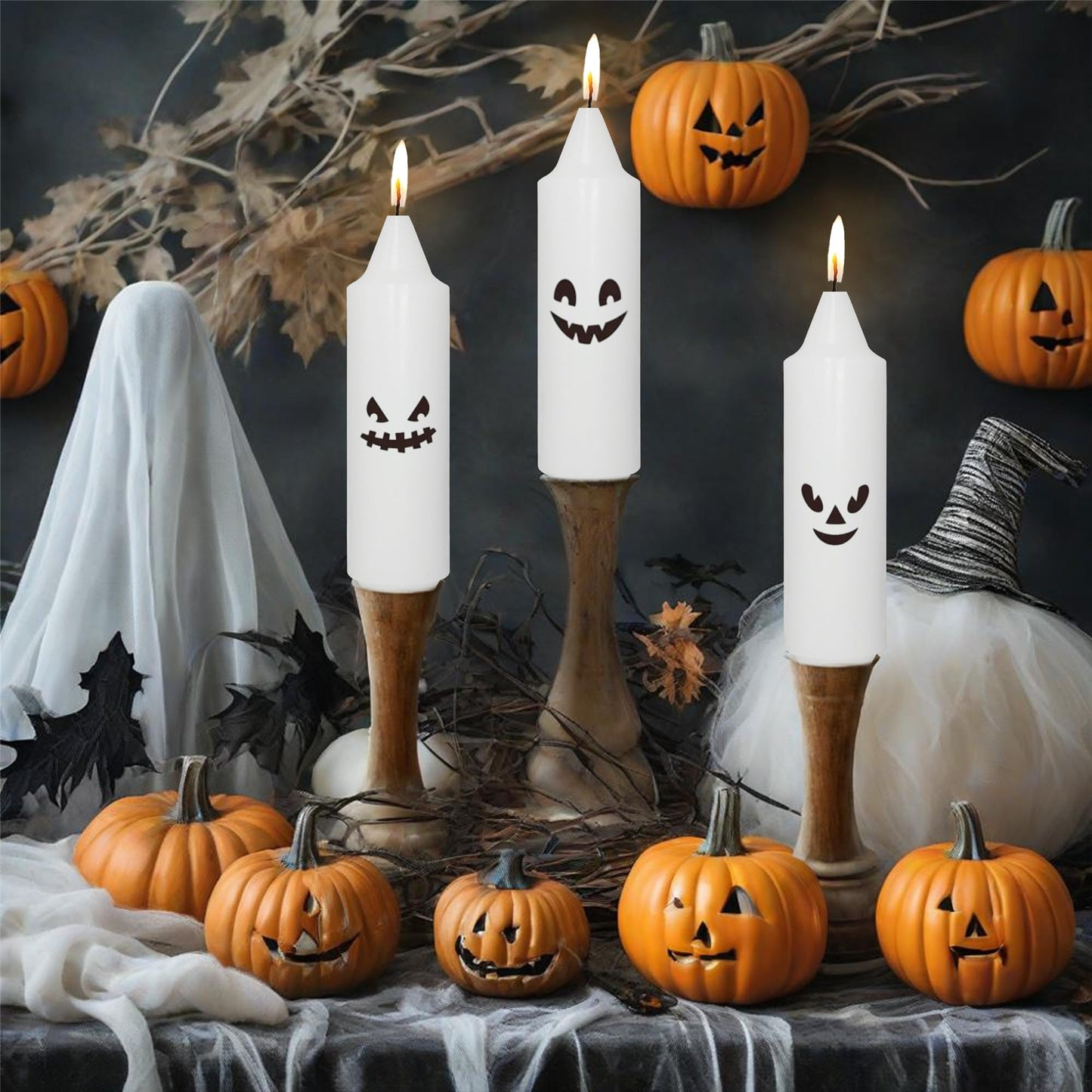 Spooky Taper Candles Halloween Candlesticks - 5 Inch White Candle Sticks Dripless Fat Candles with Eyes - Fall Table Centerpiece Haunted House Party Decorations Wedding Home Decor