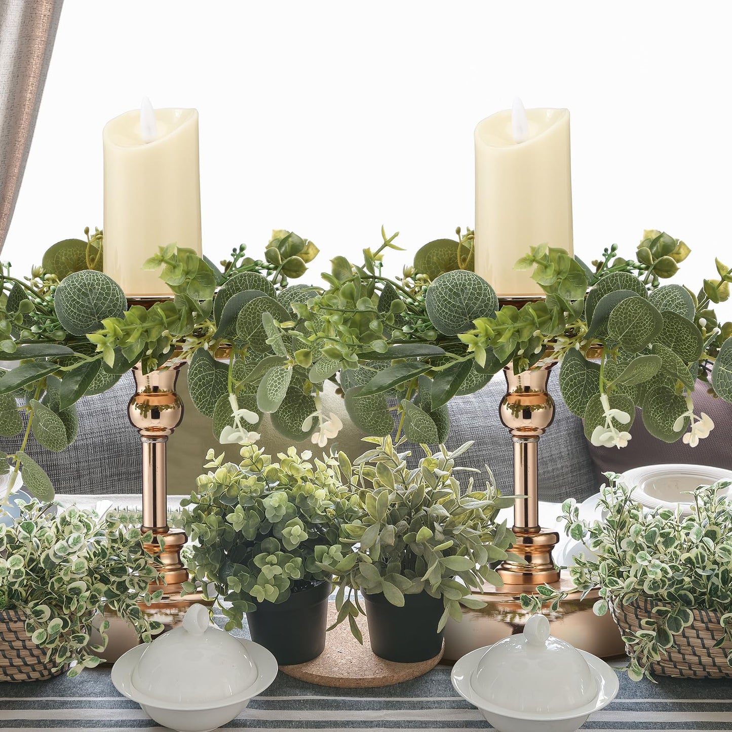 Thiccywoov 6 Pcs Artificial Eucalyptus Leaves Candle Rings Wreaths 9. 8 Inch Small Boho Greenery Wreath Pillar Candle Holder for Candleholders Kitchen Cabinet Wedding Home Door Table Decor