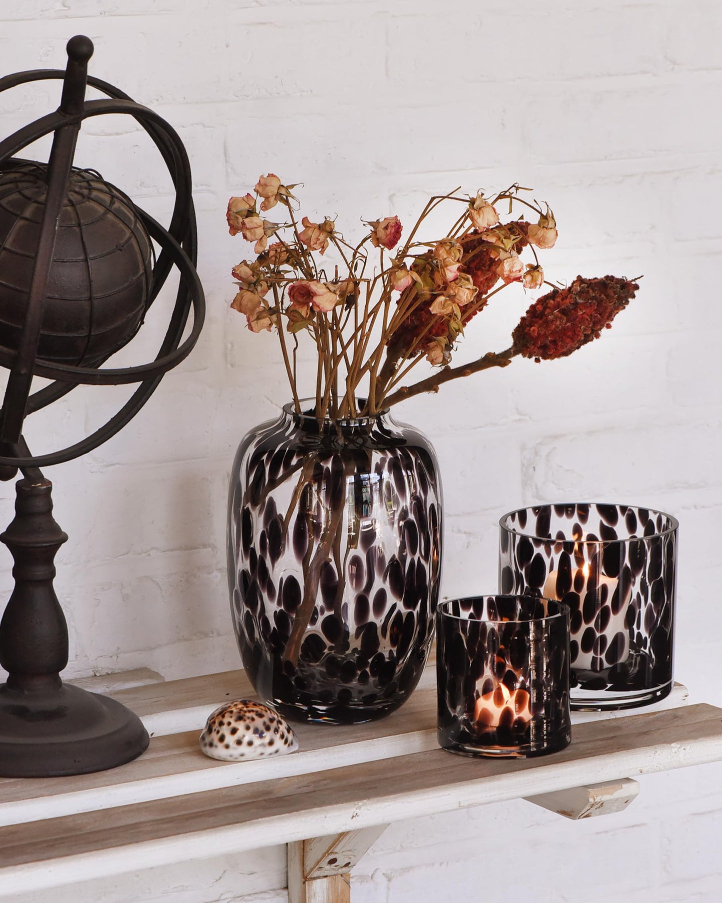 CONVIVA Glass Vase and Candle Holder Set, 3-Piece,Modern Fall Decor Table Centerpiece Thanksgiving Christmas Day Gift Idea,Flower Vase Black Tortoise Pattern