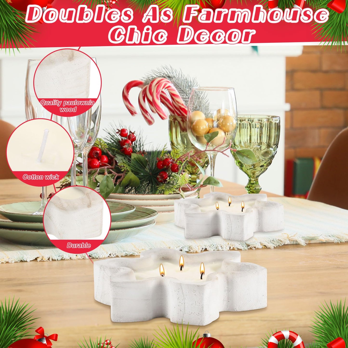MTLEE 2 Pack Christmas Wood Dough Bowl Candle Snowflake Wooden Candle Bowl 3 Wick Xmas Farmhouse Decoration with Berries Pine Label for Christmas Table Centerpiece Birthday Gift Home Party Decor