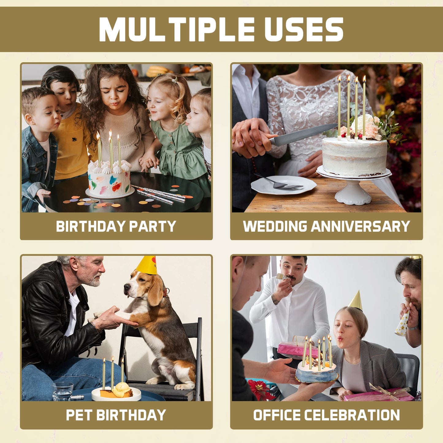 Bundaloo Gold Birthday Candles for Cake - Set of 48 with Plastic Holders - 5.5" Long, 0.20" Thickness