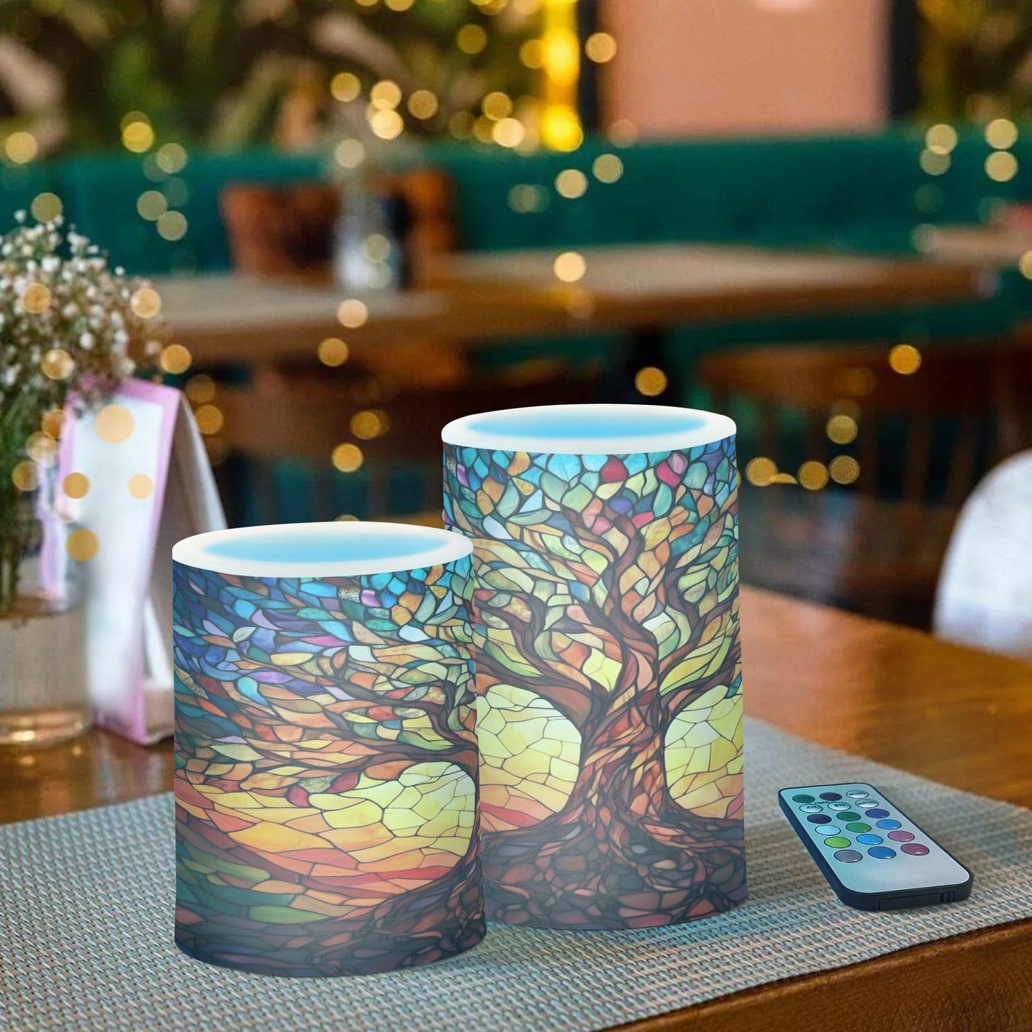 ALAZA Flickering Flameless Candles Tree of Life with Leaves Battery Operated Candles with Remote Timer LED Pillar Votive Candles Set of 2 for Holiday Decor