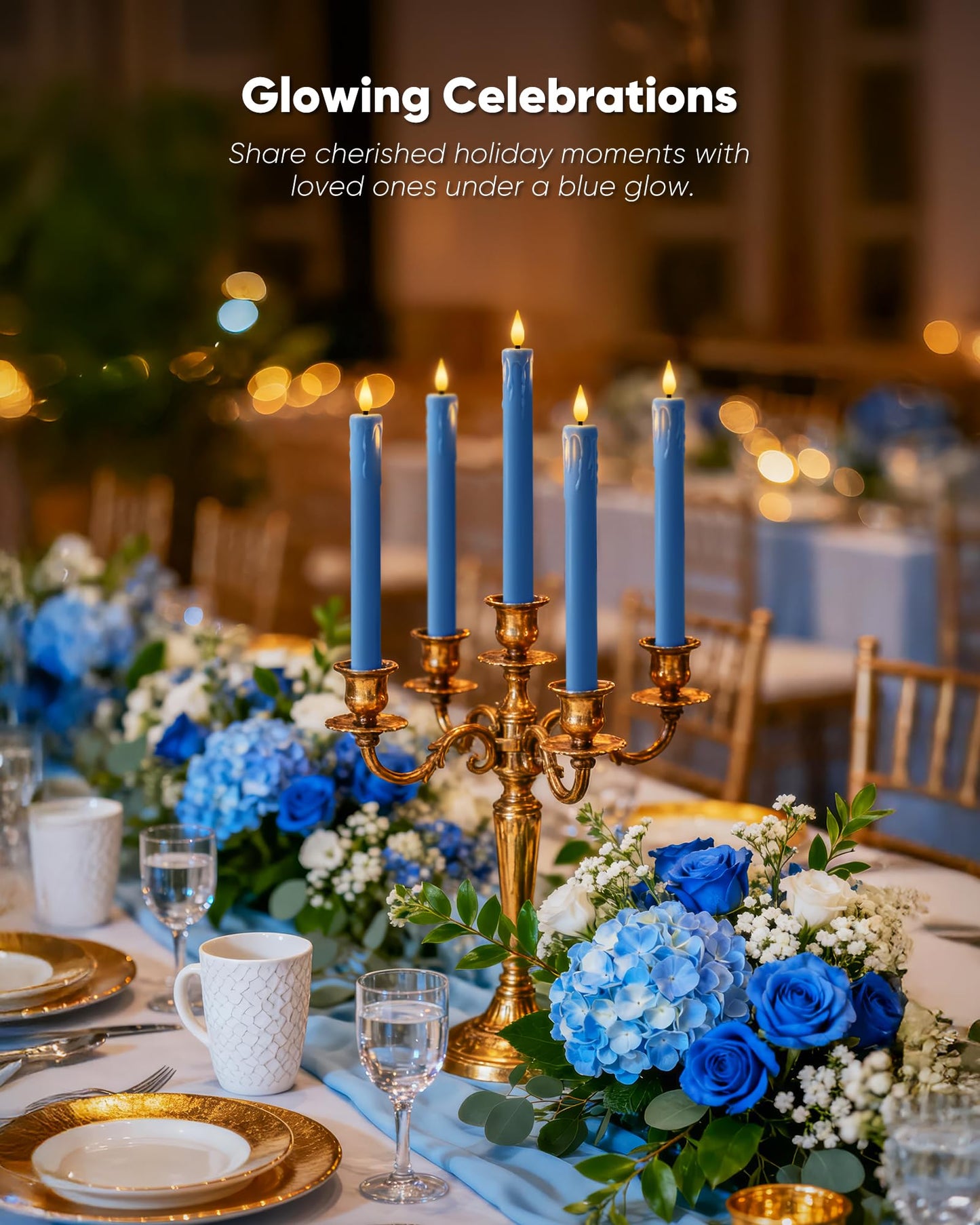 Homemory 6 Pcs Real Wax Blue Flameless Taper Candles with Remote Timer, 9.6 Inches LED Fake Candlesticks, LED Candle with 3D Flickering Flame for Romantic Wedding, Dinner, Xmas Anniversary Decor