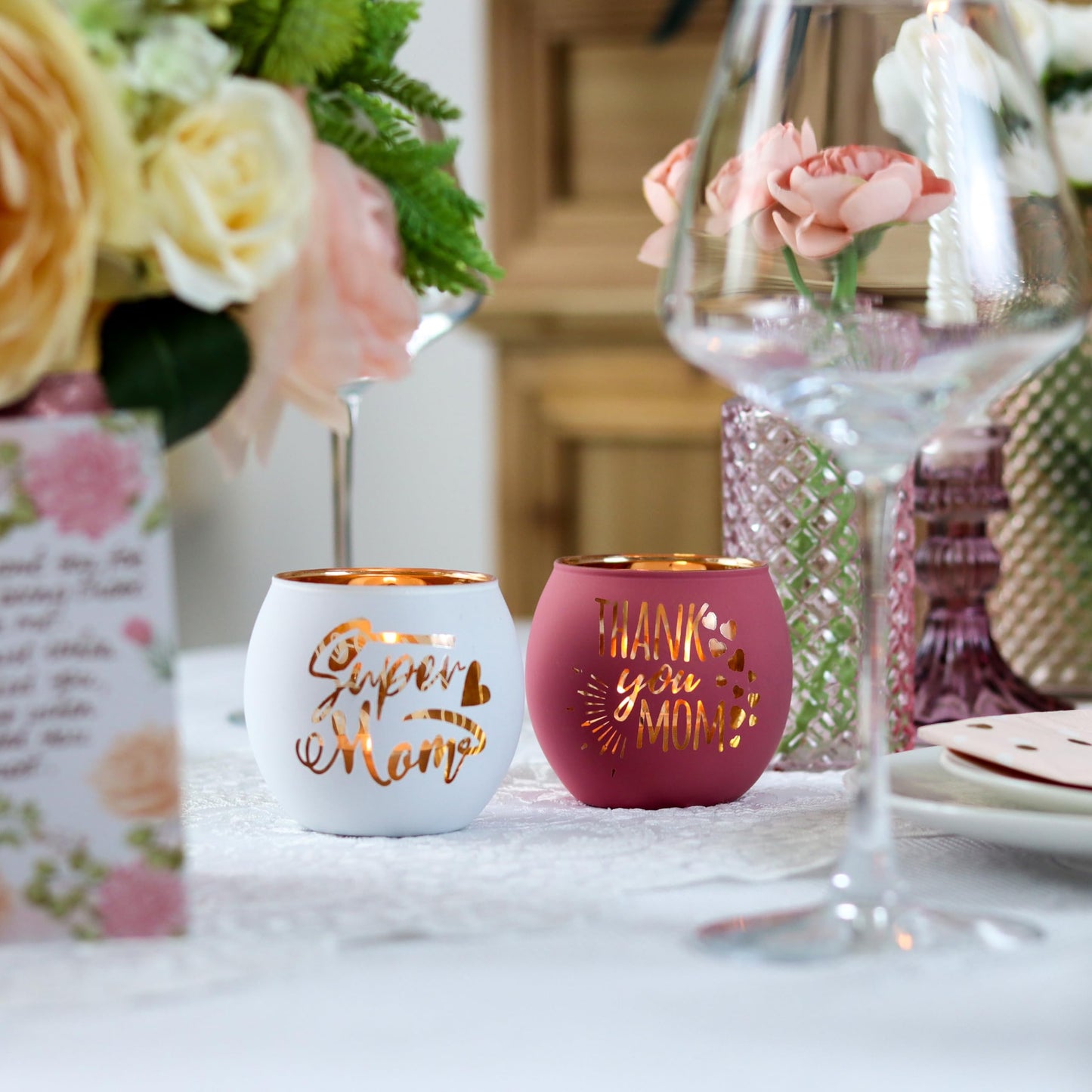 Birthday Gifts for Mom, Delicate Mother Gifts from Daughter Son, Engraved Glass ealight Votive Candle Holder Pink, Mothers Day Christmas Birthday Gifts for Mom, Ideas 6PCS