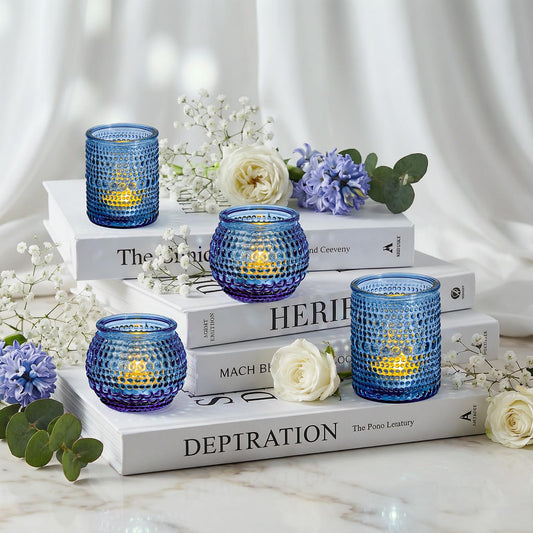 Rubtlamp Votive Candle Holders Set of 24, Blue Glass Candles Holder, Tea Light Candle Holders for Wedding Centerpieces, Vintage Candle Holder for Wedding & Home Table Decor