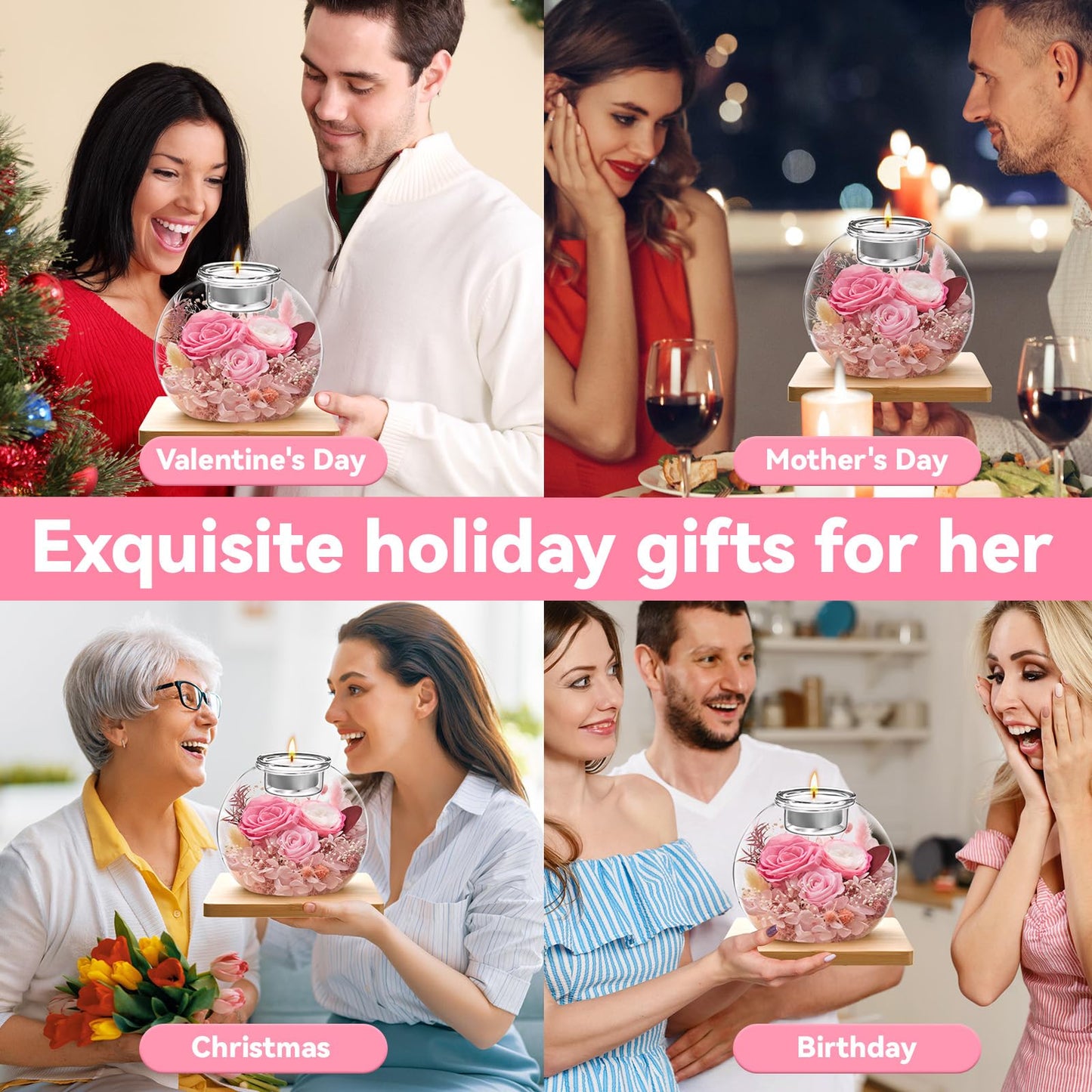 Preserved Flowers in Glass Dome with Candle Holder, Real Roses Eternal Flower Arrangement, Scented Candle Gift Set with 18 Candles for Women Mom Wife Birthday Mother's Day Valentine's Day (Pink)
